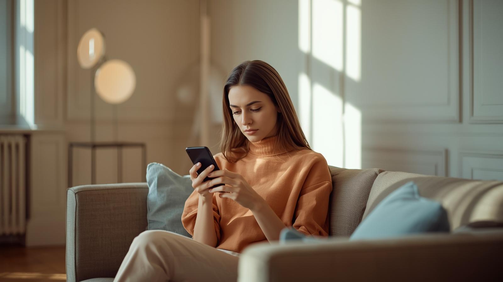 Femme assise dans son salon consultant un médium en ligne sur son smartphone  