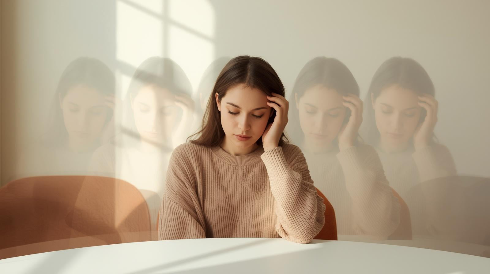 Femme pensive entourée de reflets, illustrant la dépendance à la voyance en ligne 