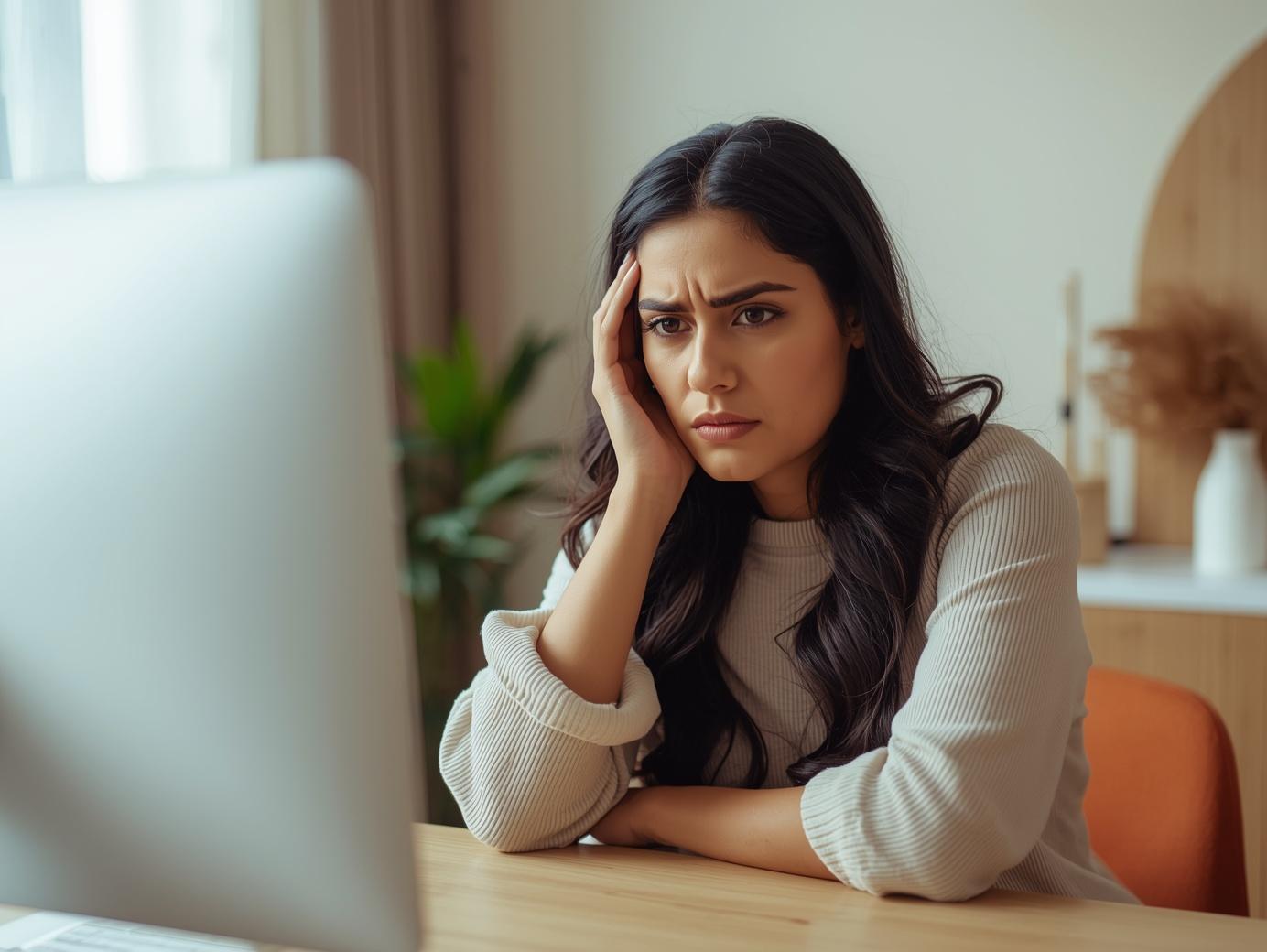 Femme perplexe devant son ordinateur, cherchant un médium sérieux en ligne  