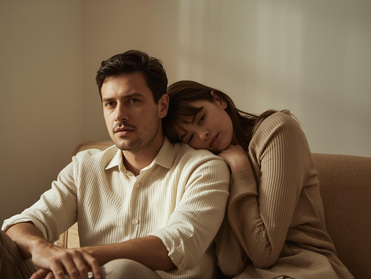 Couple assis ensemble, femme appuyée sur l'épaule de l'homme, regard absent — illustrant la dynamique du sacrifice de soi dans une relation amoureuse