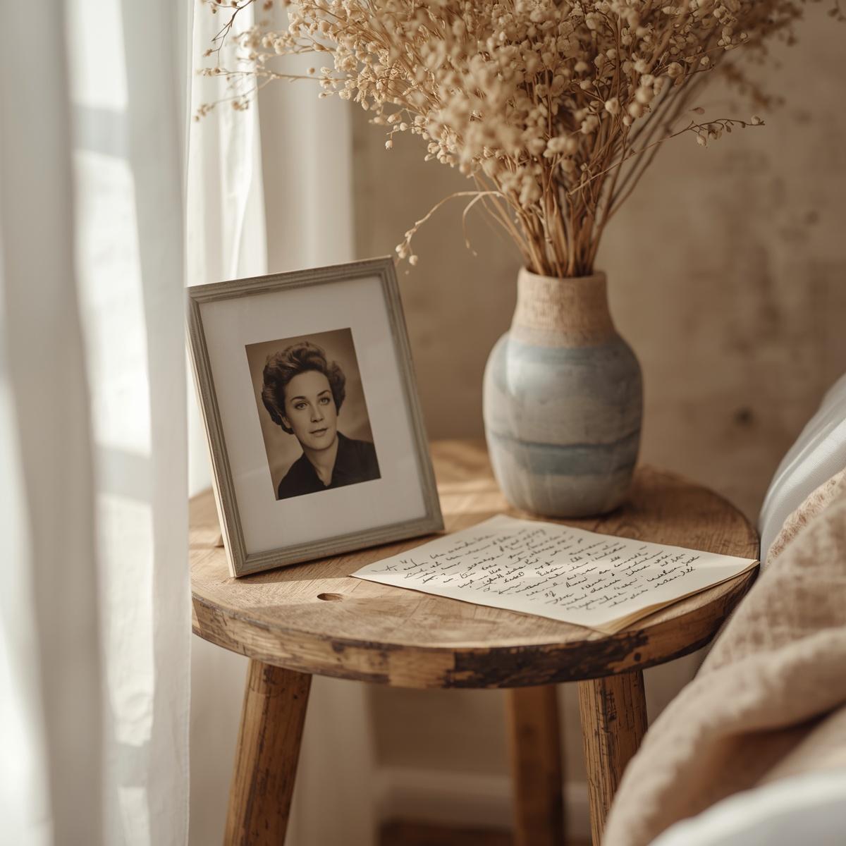 Photo encadrée d'une défunte posée sur une table en bois avec une lettre manuscrite et des fleurs séchées, évoquant une consultation de contact défunt EsoLab