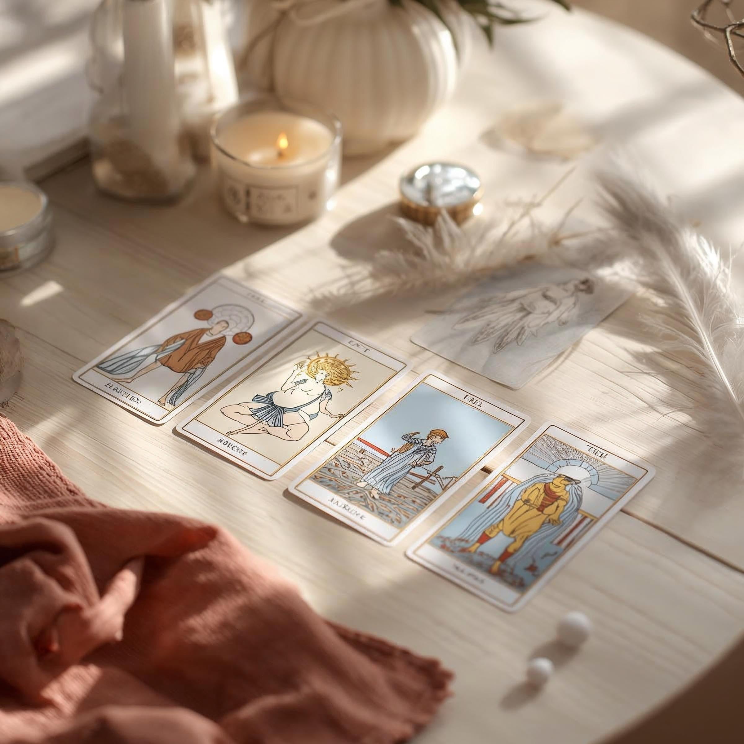 Tirage de cartes de tarot disposées sur une table claire avec des bougies et des plumes blanches lors d'une consultation de voyance et guidance spirituelle EsoLab