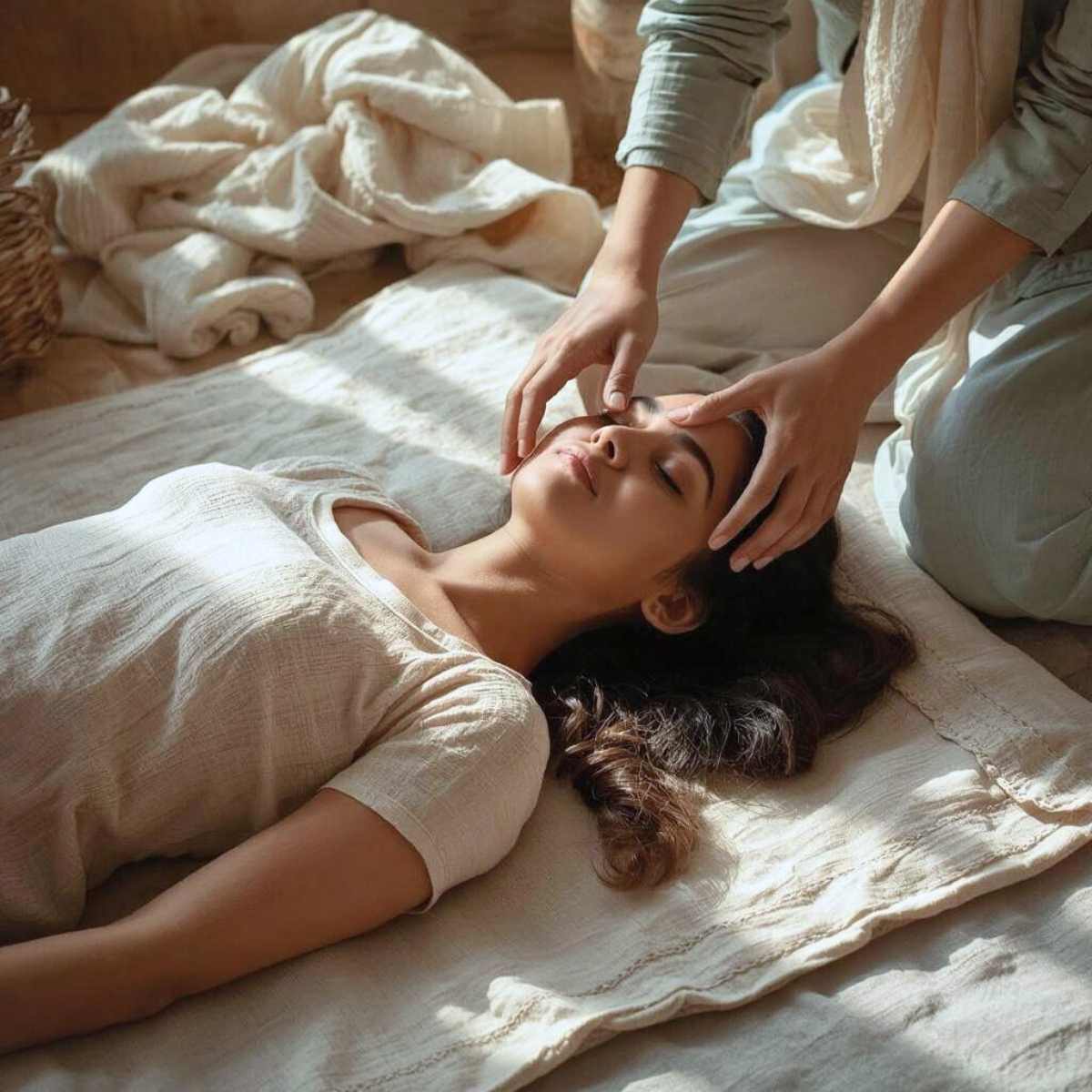 Praticienne posant les mains sur le visage d'une femme allongée les yeux fermés lors d'une séance de soin énergétique et harmonisation des chakras EsoLab