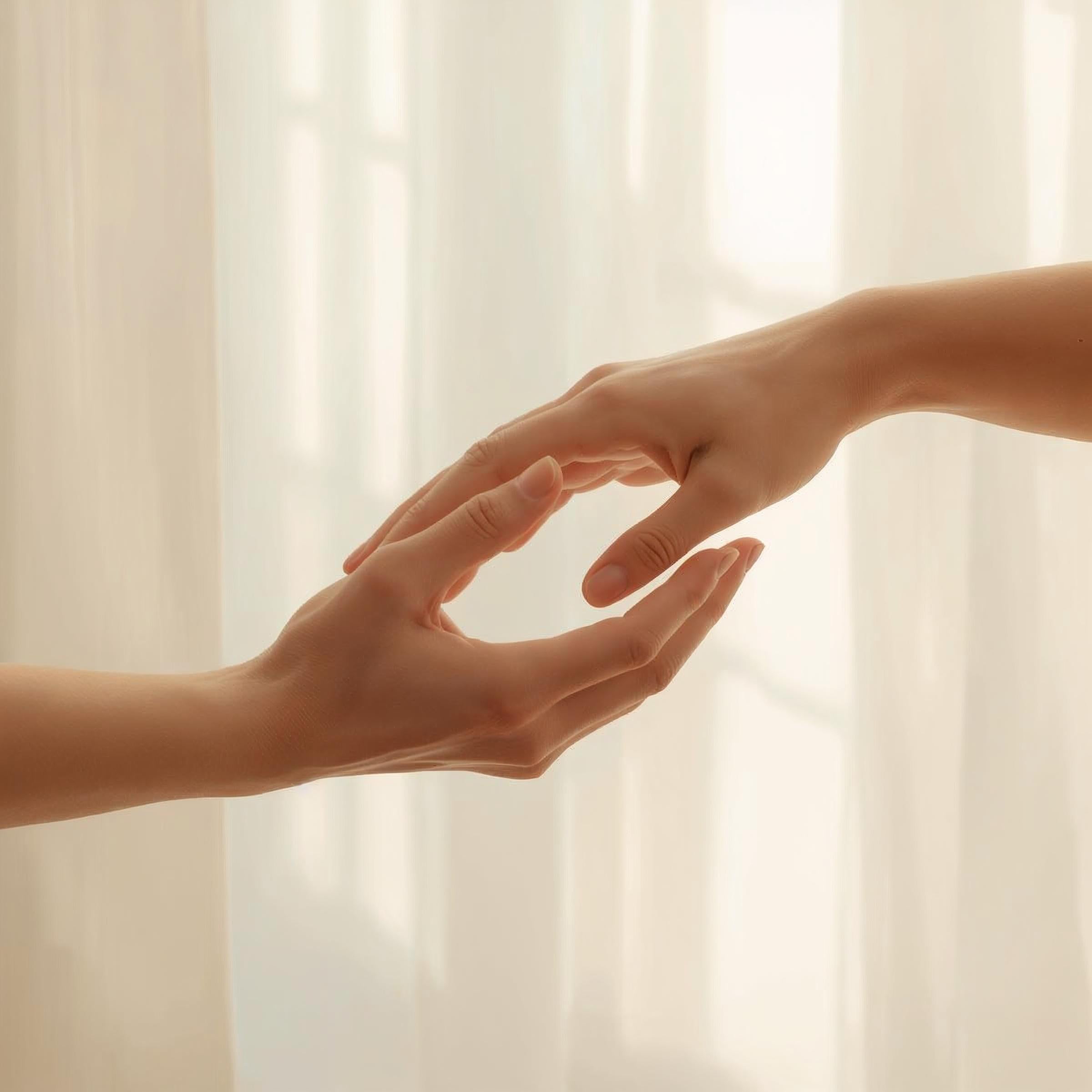 Deux mains se frôlant délicatement dans une lumière douce et apaisante, évoquant le lien amoureux et les relations sentimentales lors d'une consultation EsoLab