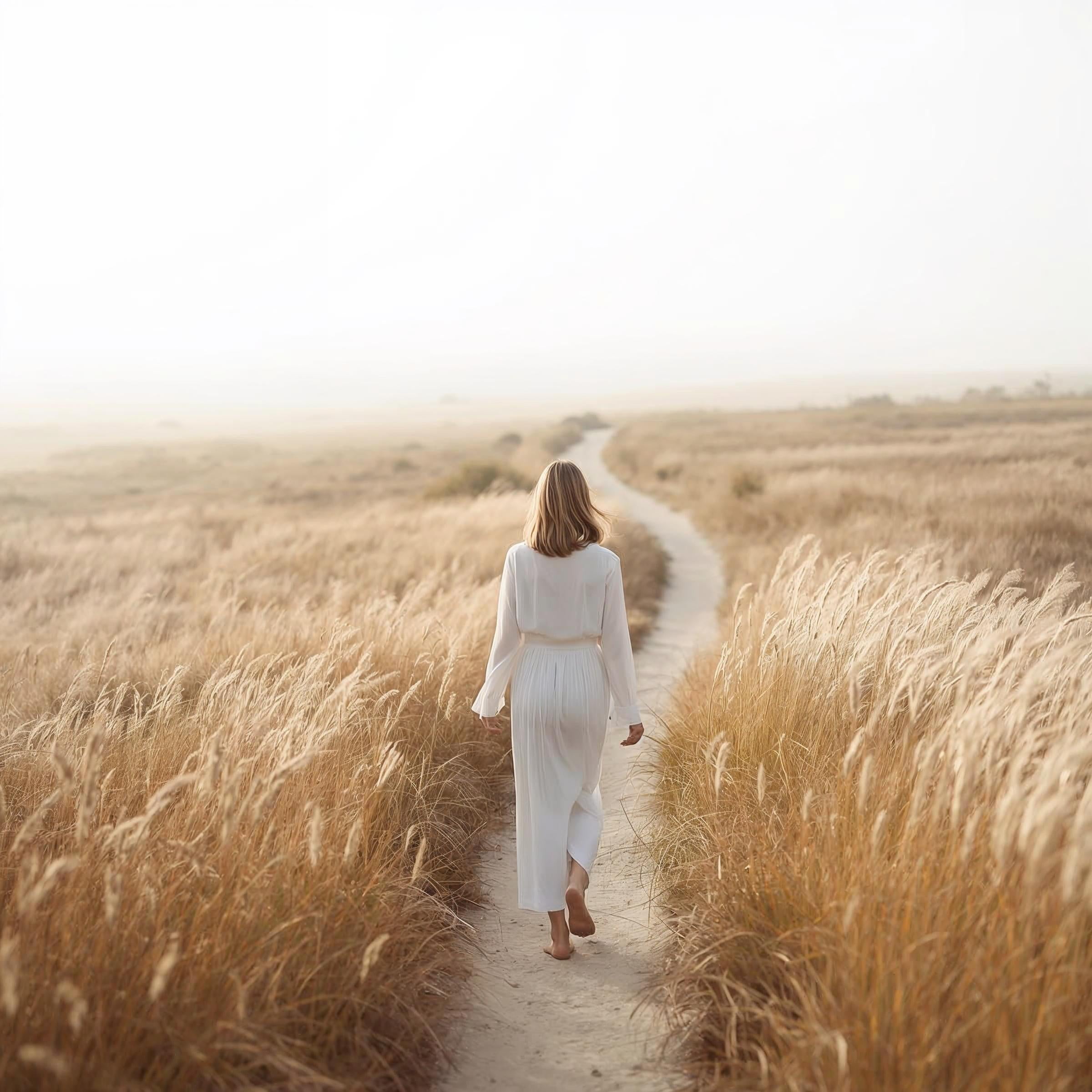 Femme vêtue de blanc marchant pieds nus sur un chemin sinueux à travers un champ doré, symbolisant le cheminement spirituel et l'exploration intérieure EsoLab