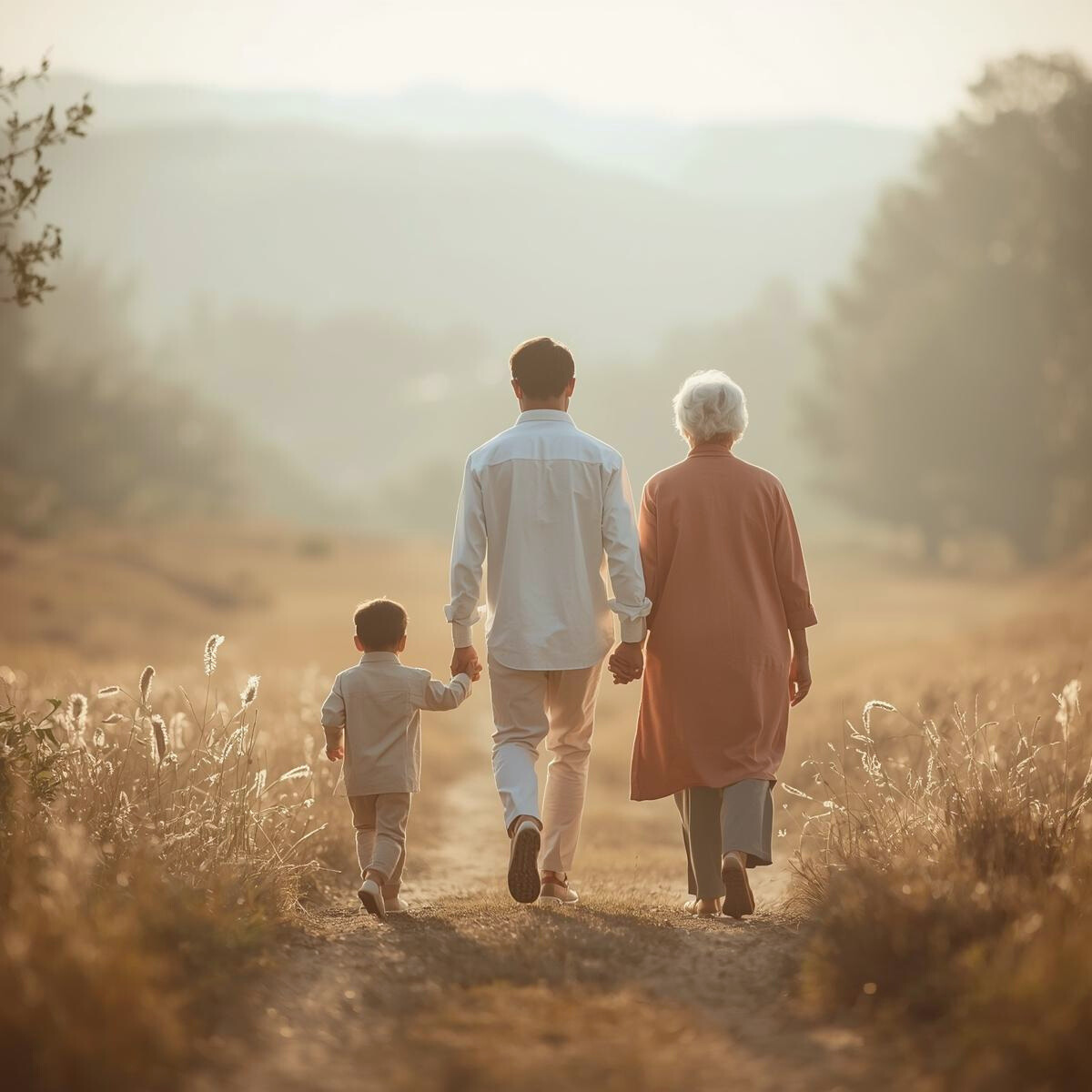 Trois générations marchant main dans la main sur un chemin dans la nature, illustrant les liens familiaux et les libérations karmiques et transgénérationnelles EsoLab