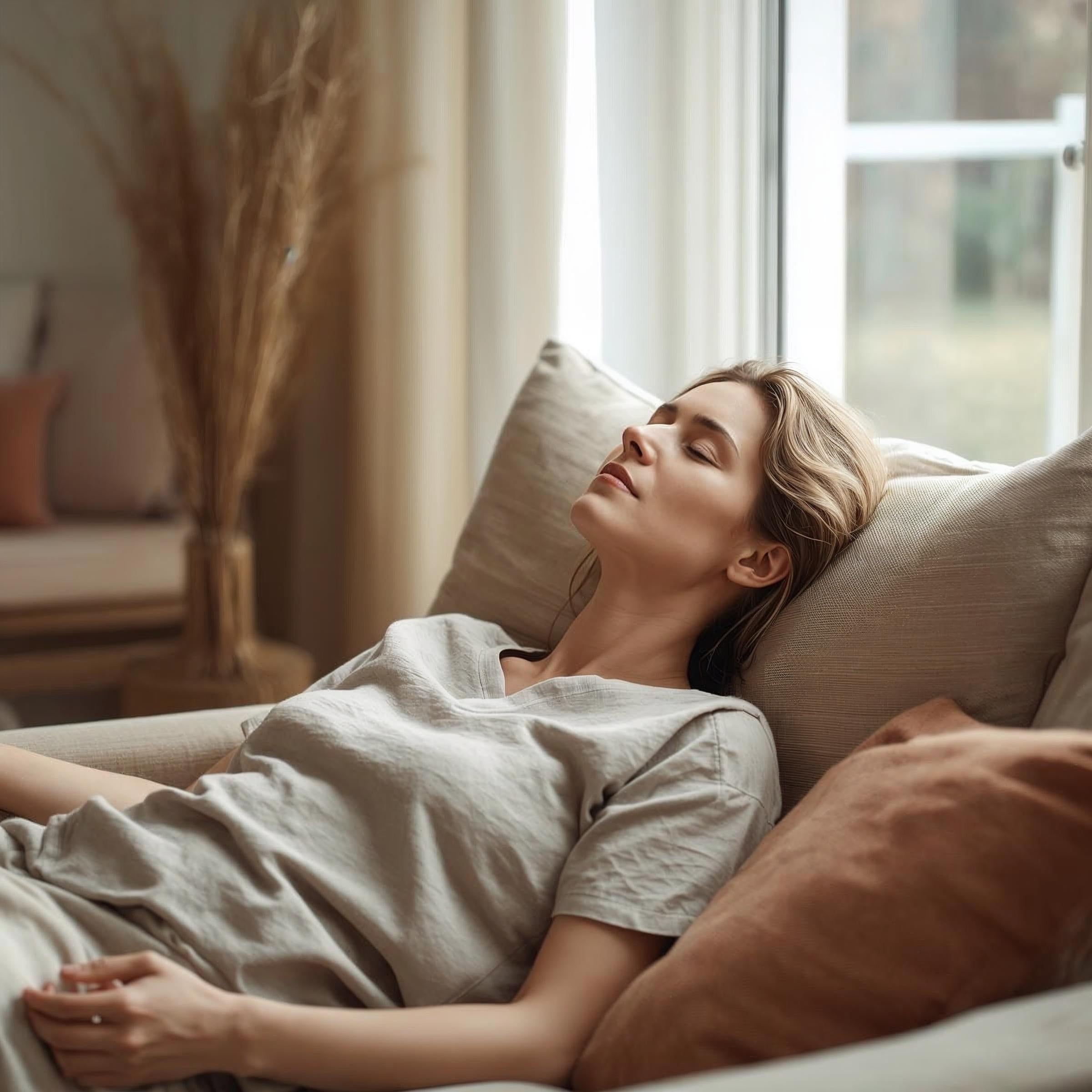 Femme allongée sur un canapé les yeux fermés en état de relaxation profonde lors d'une séance d'hypnose EsoLab