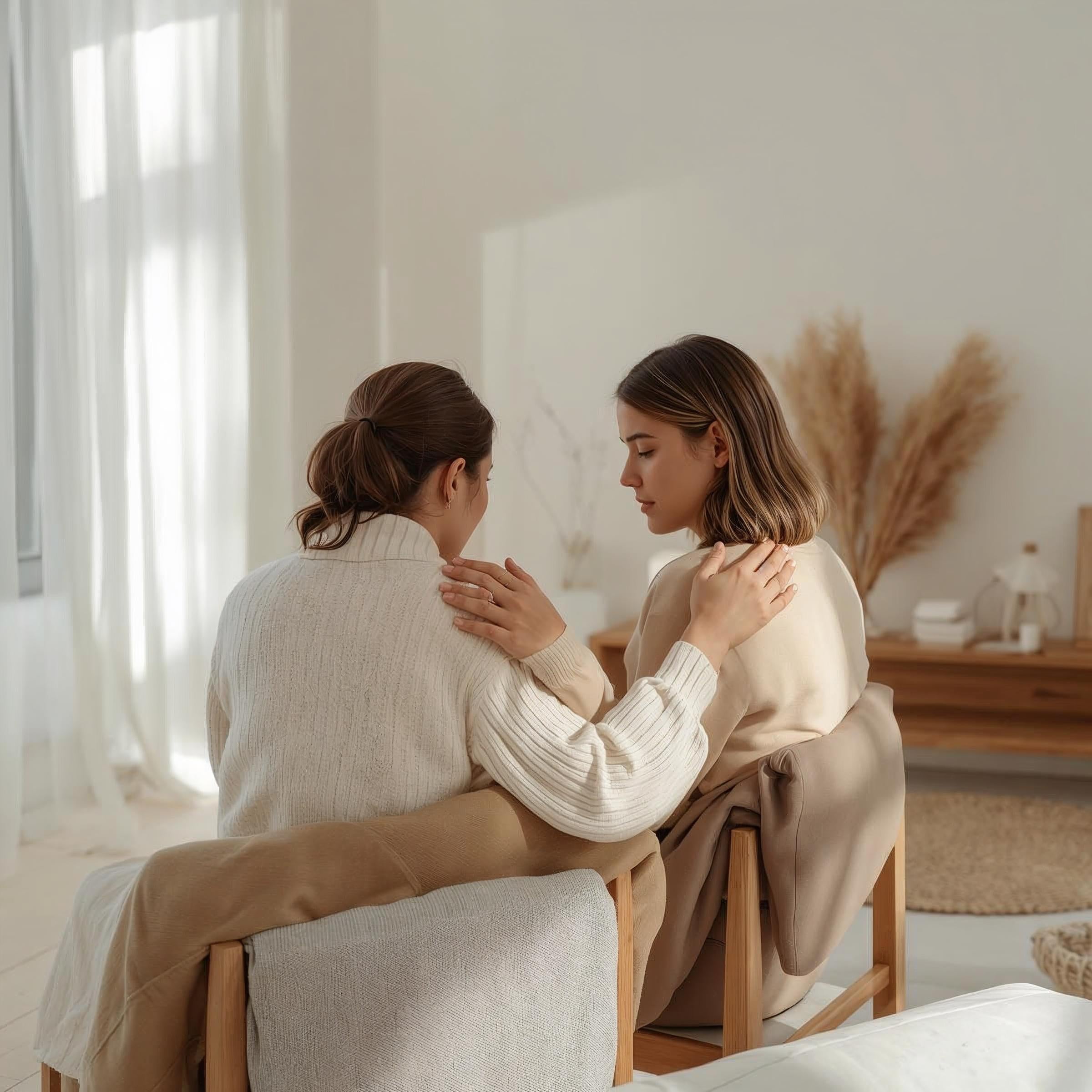 Deux femmes assises face à face se tenant les épaules dans un espace lumineux et apaisant lors d'une séance d'accompagnement personnel et soutien émotionnel EsoLab