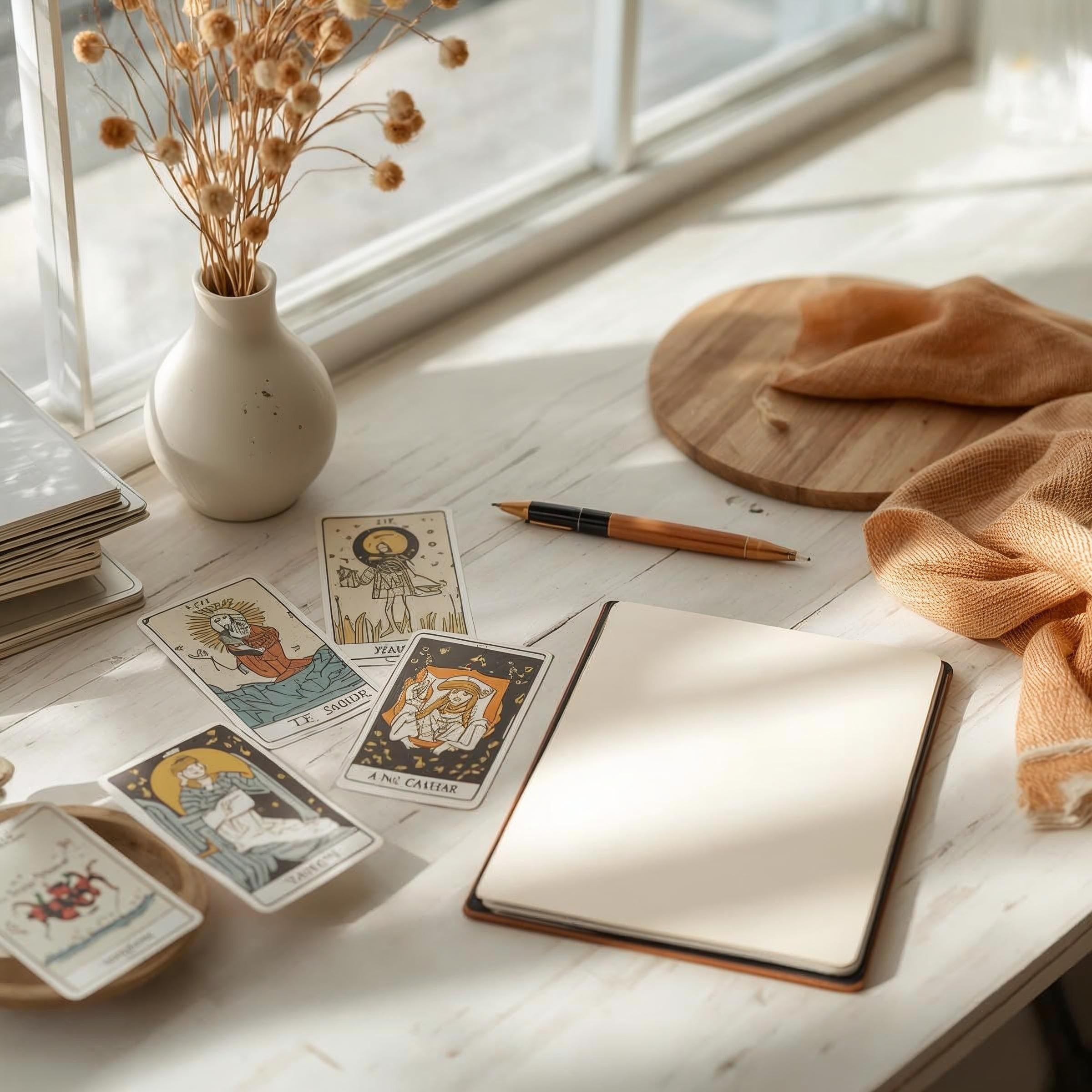 Cartes de tarot étalées sur une table blanche avec un carnet ouvert et un stylo lors d'un atelier d'initiation à la cartomancie EsoLab