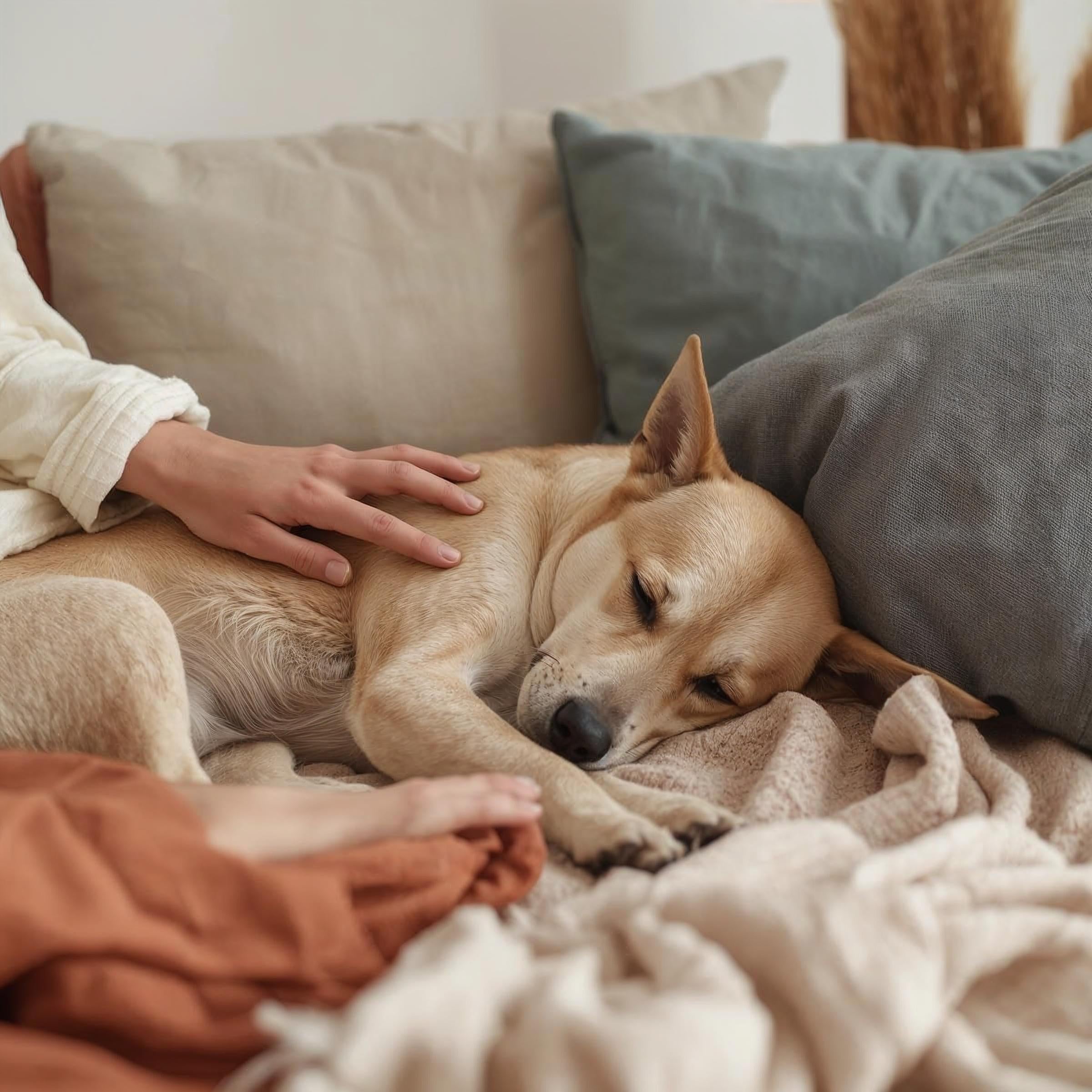 Main posée sur un chien allongé et apaisé sur un canapé lors d'une séance de communication animale et soins énergétiques EsoLab