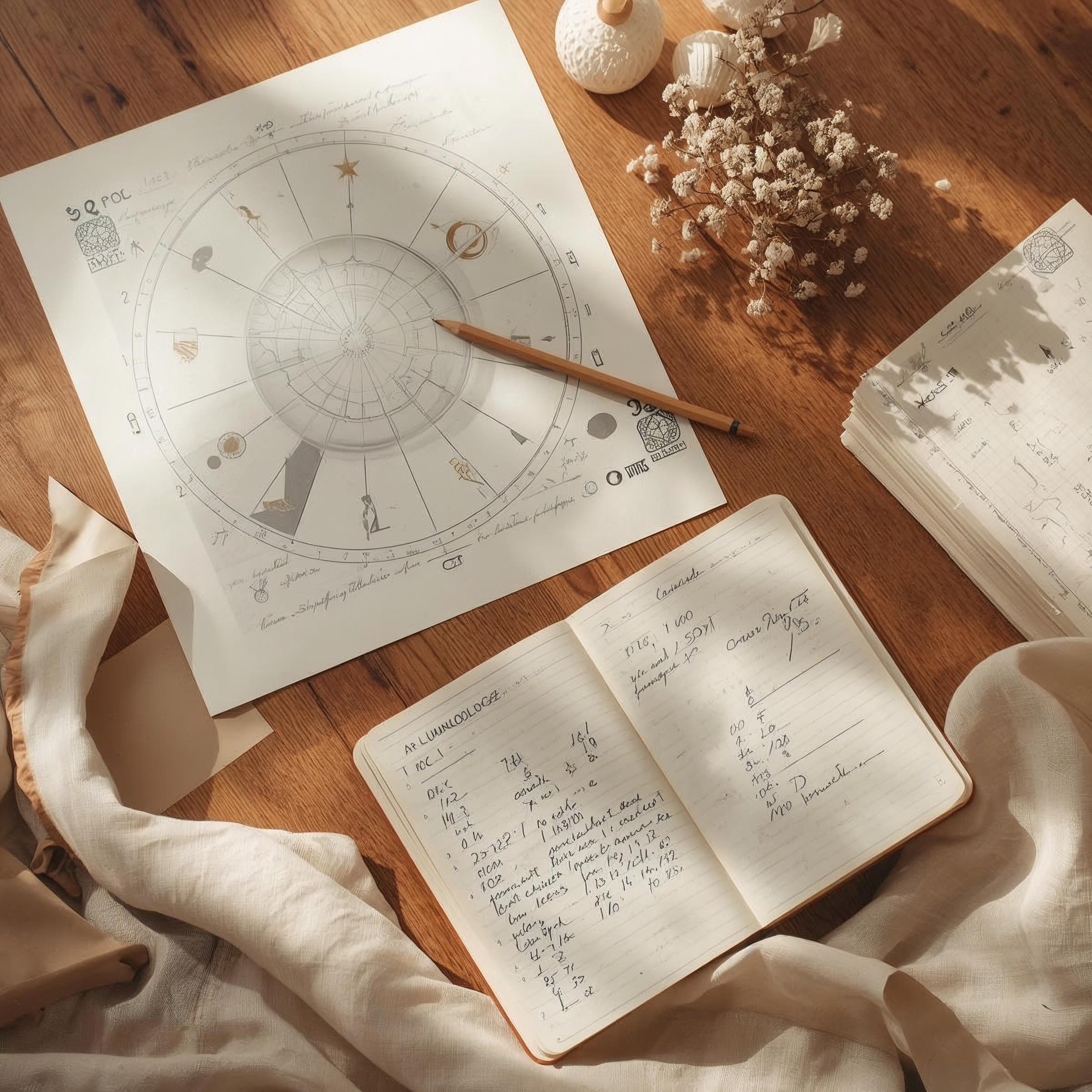 Thème astral manuscrit avec symboles zodiacaux, carnet de notes et fleurs séchées sur une table en bois lors d'une consultation astrologie et numérologie EsoLab