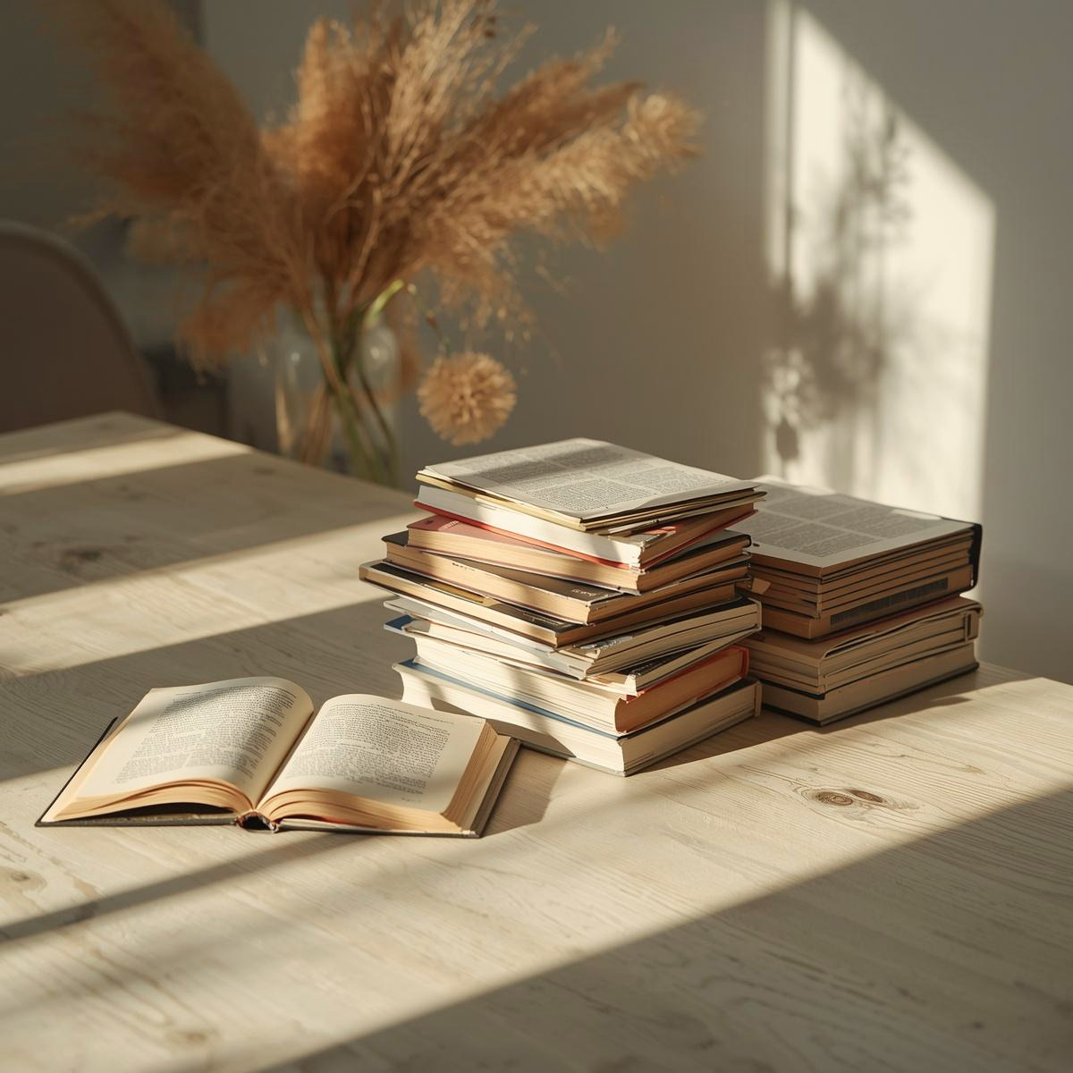 Pile de livres et livre ouvert sur une table en bois dans une lumière dorée, illustrant les e-books EsoLab sur le développement personnel et l'exploration intérieure