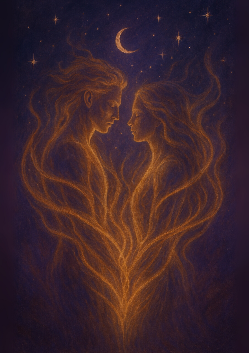 Illustration mystique de deux flammes jumelles face à face sous un croissant de lune étoilé – leurs silhouettes lumineuses dorées se fondent en une seule racine, symbole d'union des âmes