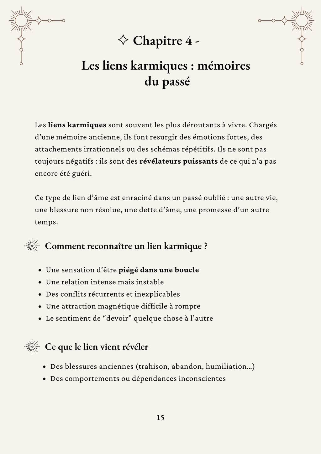 Chapitre 4 de l'ebook Connexions d'Âmes : Les liens karmiques, mémoires du passé – comment reconnaître un lien karmique et ce qu'il révèle (blessures anciennes, schémas répétitifs)  