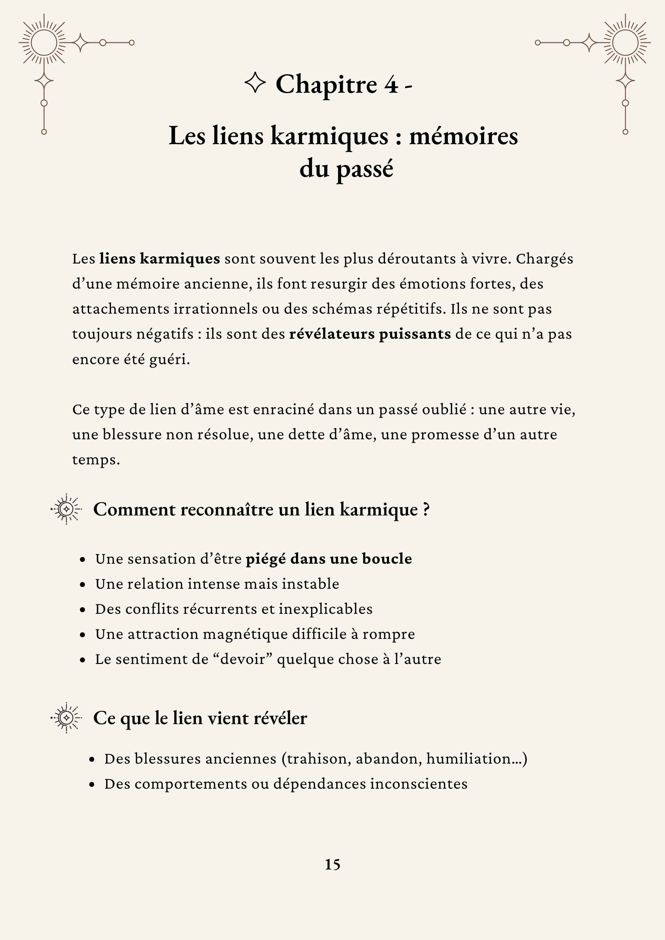 Chapitre 4 de l'ebook Connexions d'Âmes : Les liens karmiques, mémoires du passé – comment reconnaître un lien karmique et ce qu'il révèle (blessures anciennes, schémas répétitifs)  
