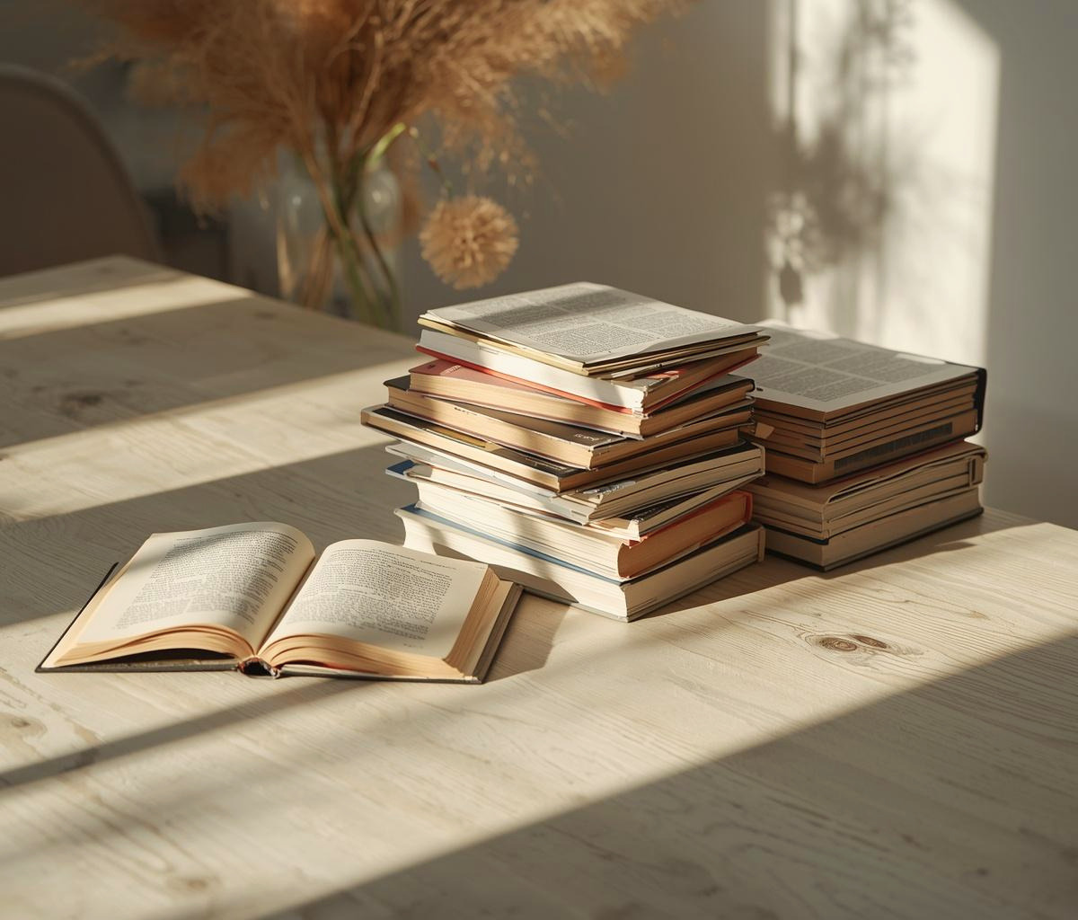 Pile de livres et livre ouvert sur une table en bois dans une lumière dorée, illustrant des ressources sur le développement personnel et l'exploration intérieure