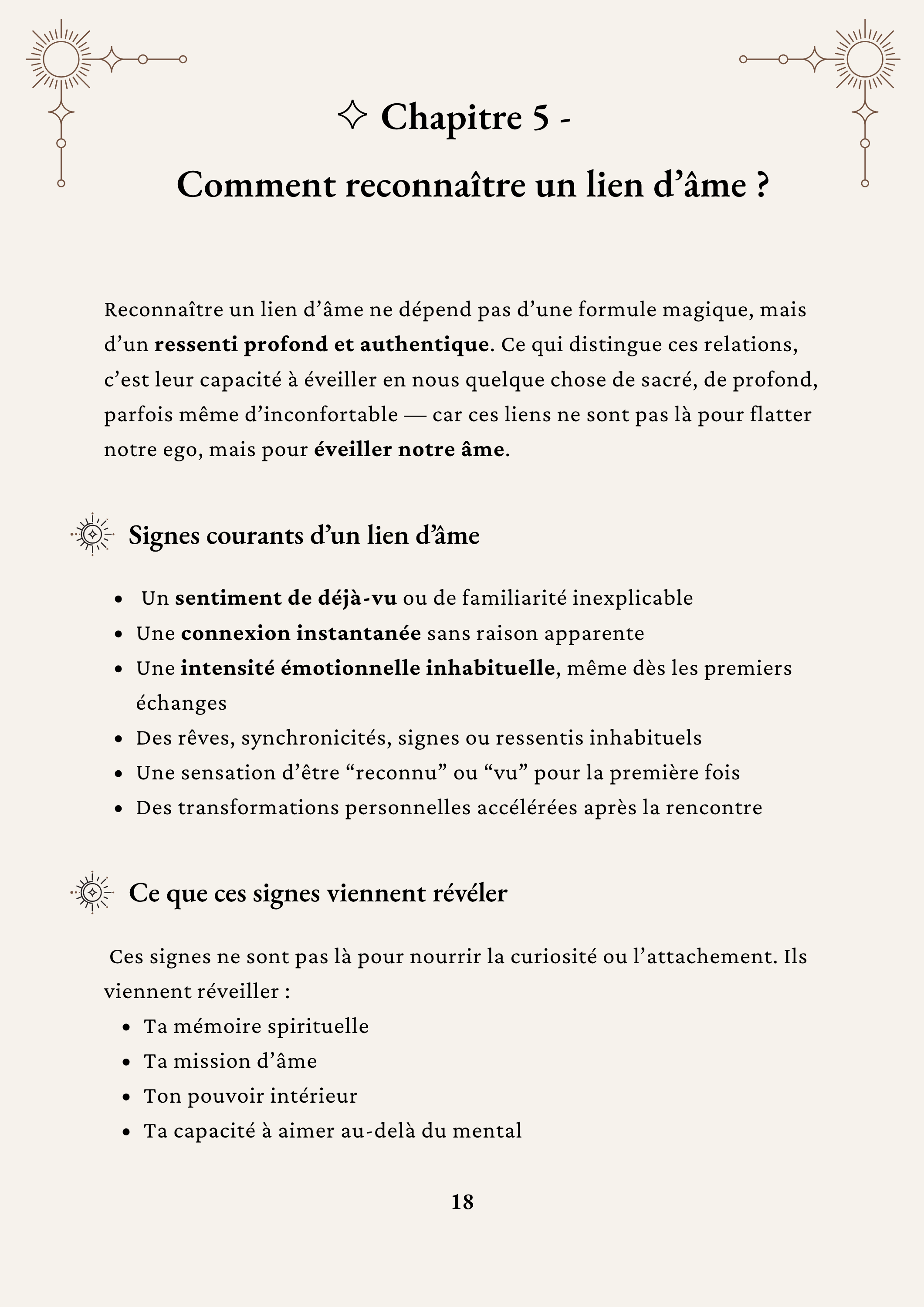 Chapitre 5 de l'ebook Connexions d'Âmes : Comment reconnaître un lien d'âme – signes courants (déjà-vu, connexion instantanée, synchronicités) et ce qu'ils viennent réveiller