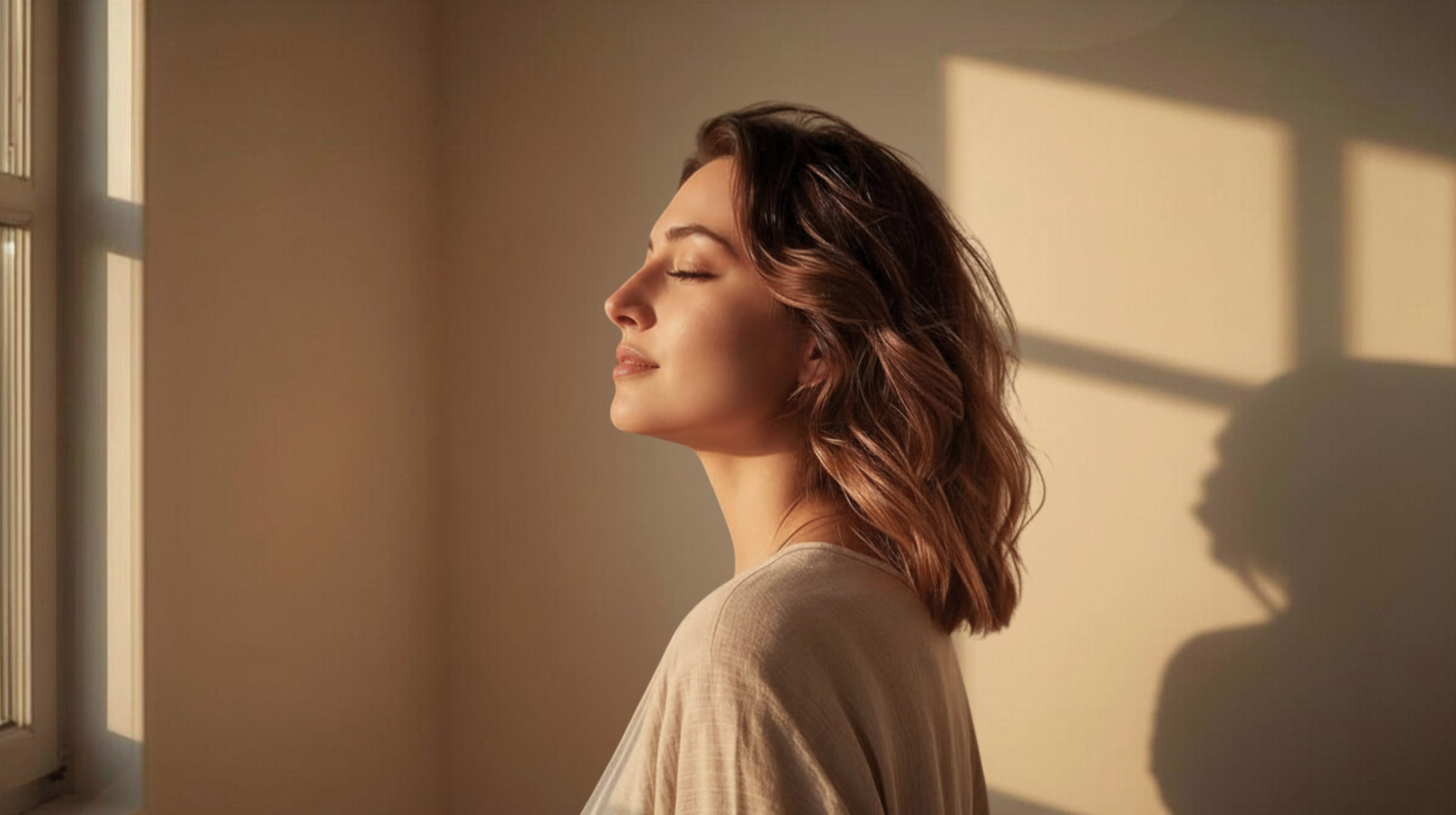 Femme sereine les yeux fermés dans une lumière dorée – accompagnement spirituel pour clarté intérieure et transformation personnelle