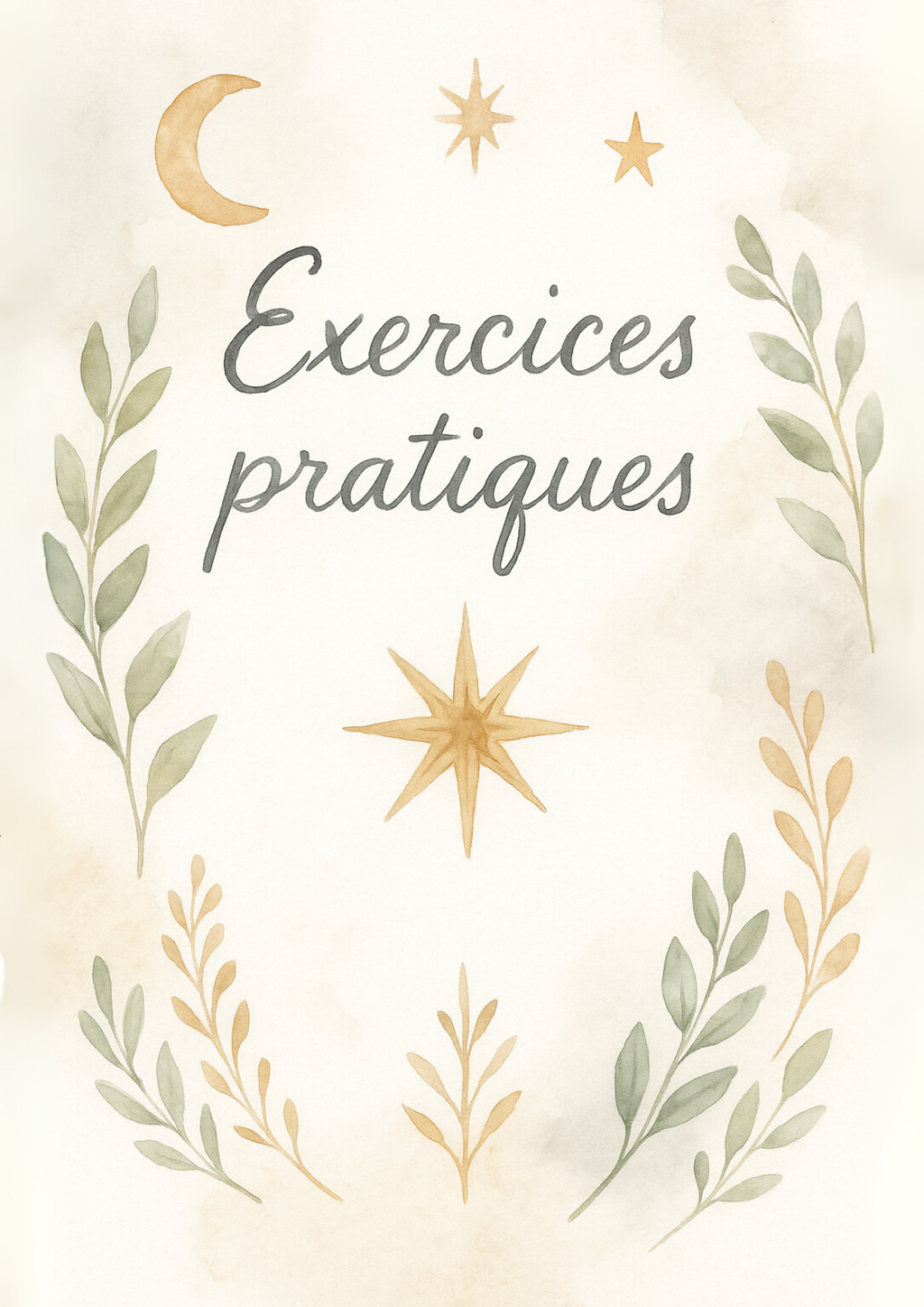 Illustration aquarelle "Exercices pratiques" – lune, étoiles dorées et branches végétales encadrant le titre, univers spirituel et naturel de l'ebook Connexions d'Âmes  
