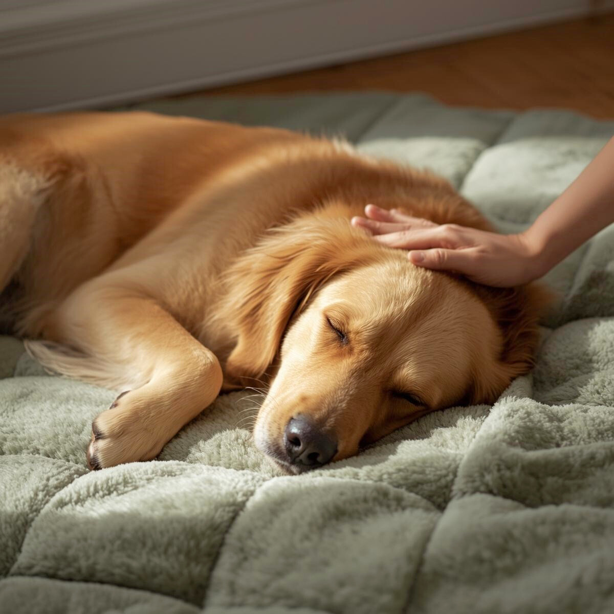 Main posée avec douceur sur la tête d'un golden retriever allongé sur un tapis moelleux, soin énergétique pour apaiser et rééquilibrer un animal