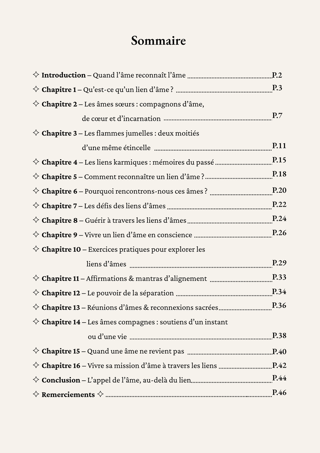 Sommaire de l'ebook Connexions d'Âmes – 16 chapitres sur les liens d'âmes : flammes jumelles, liens karmiques, âmes sœurs, guérison et exercices pratiques