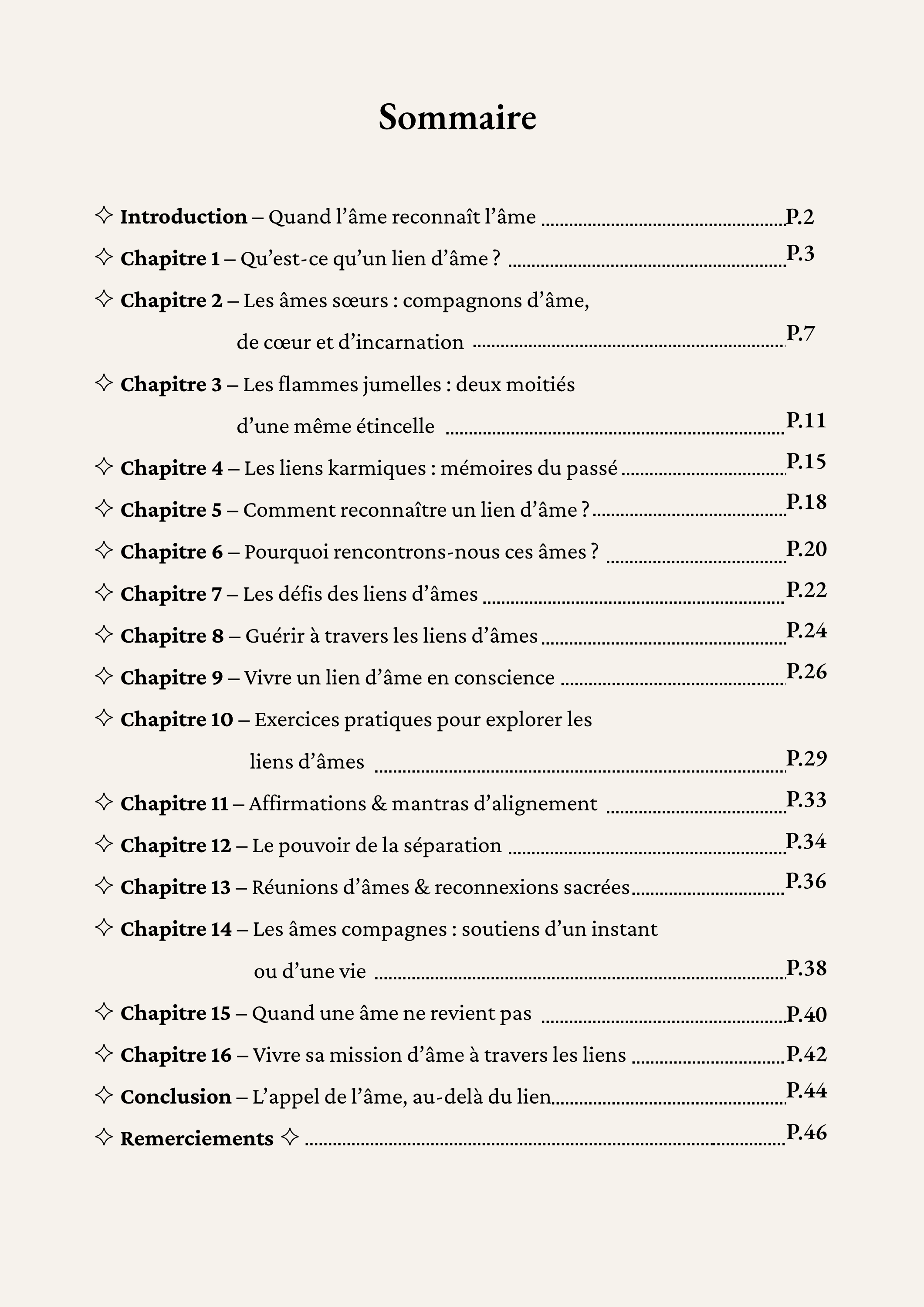 Sommaire de l'ebook Connexions d'Âmes – 16 chapitres sur les liens d'âmes : flammes jumelles, liens karmiques, âmes sœurs, guérison et exercices pratiques