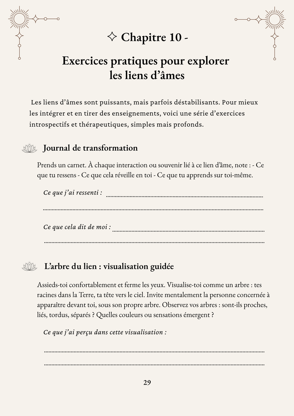 Chapitre 10 de l'ebook Connexions d'Âmes : Exercices pratiques pour explorer les liens d'âmes – journal de transformation et visualisation guidée "L'arbre du lien"