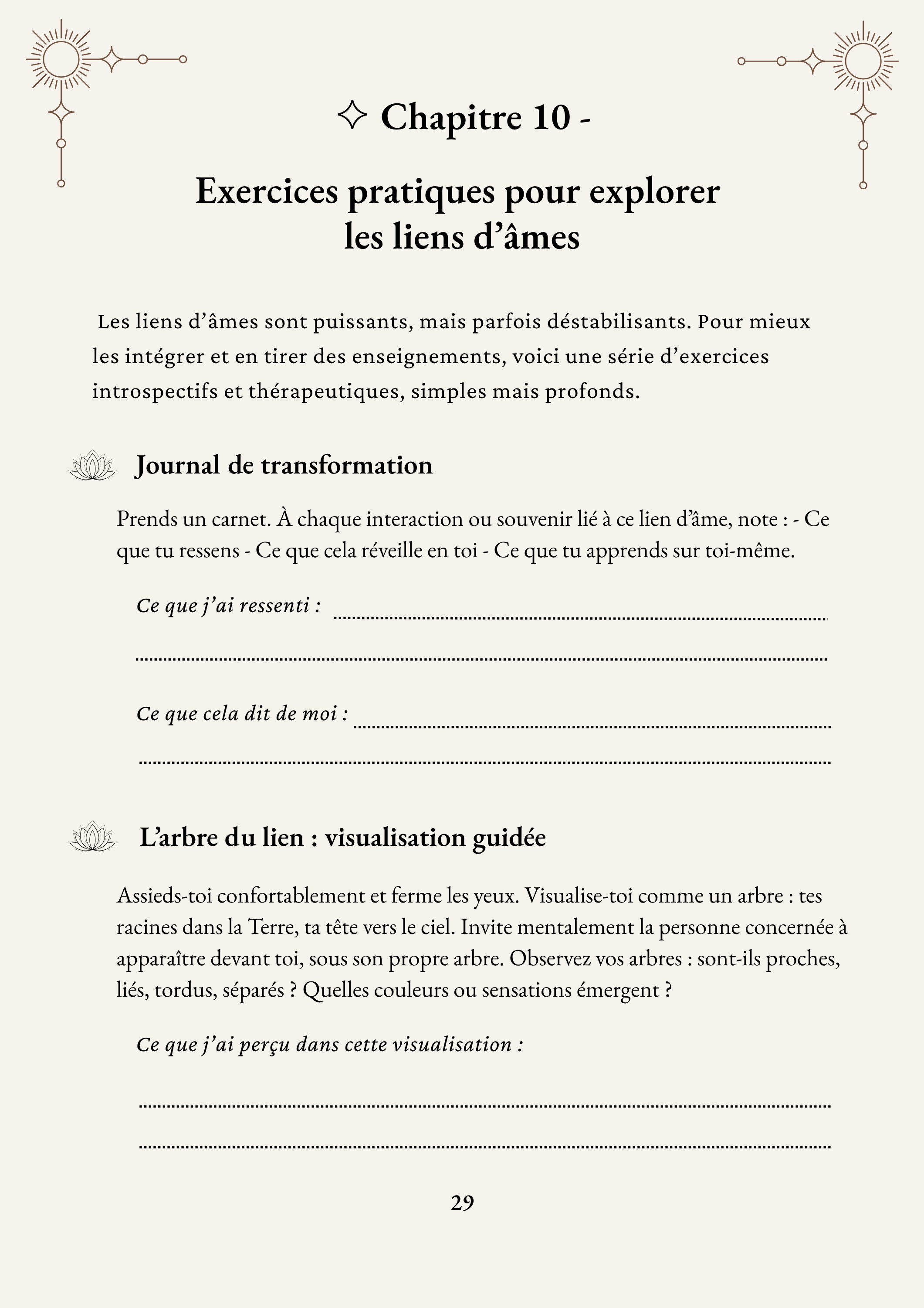 Chapitre 10 de l'ebook Connexions d'Âmes : Exercices pratiques pour explorer les liens d'âmes – journal de transformation et visualisation guidée "L'arbre du lien"