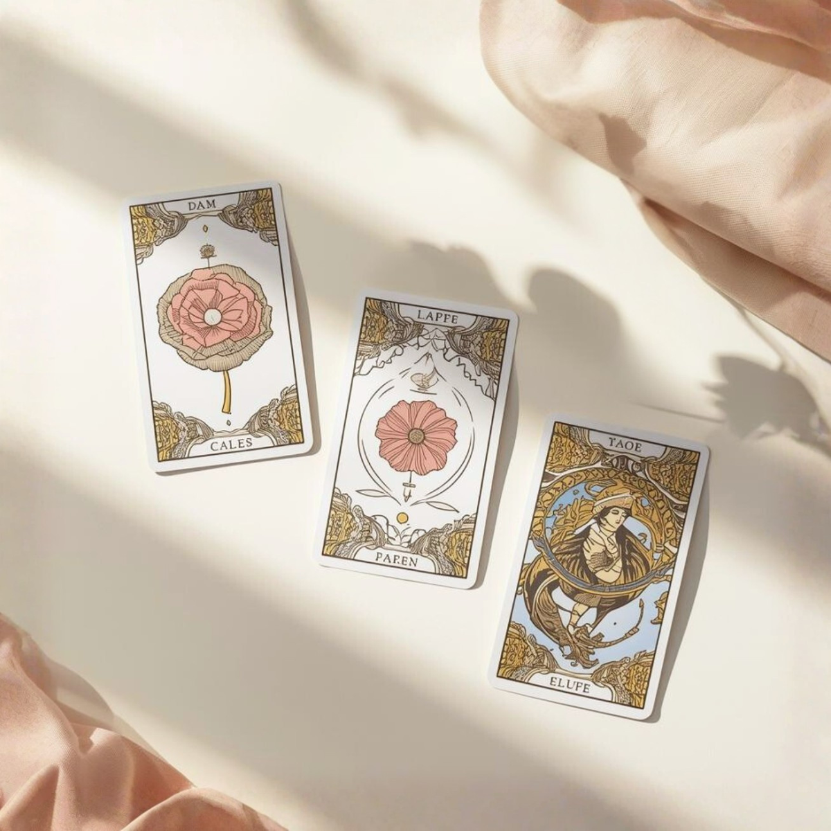 Trois cartes de tarot illustrées aux motifs floraux dorés posées sur un fond beige clair, consultation de voyance avec le Tarot de Marseille