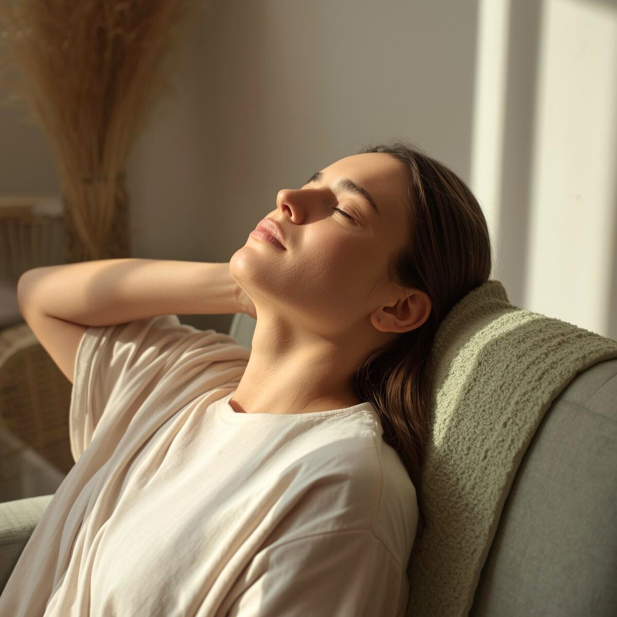 Jeune femme en état de relâchement profond sur un canapé dans un intérieur lumineux, soin énergétique pour accompagner le corps en période de stress et de surcharge