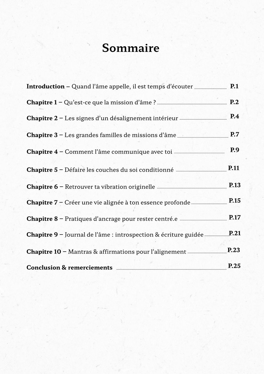 Sommaire de l'e-book Mission d'âme et alignement par Esolab – 10 chapitres sur la mission d'âme, l'alignement intérieur et les pratiques d'ancrage  