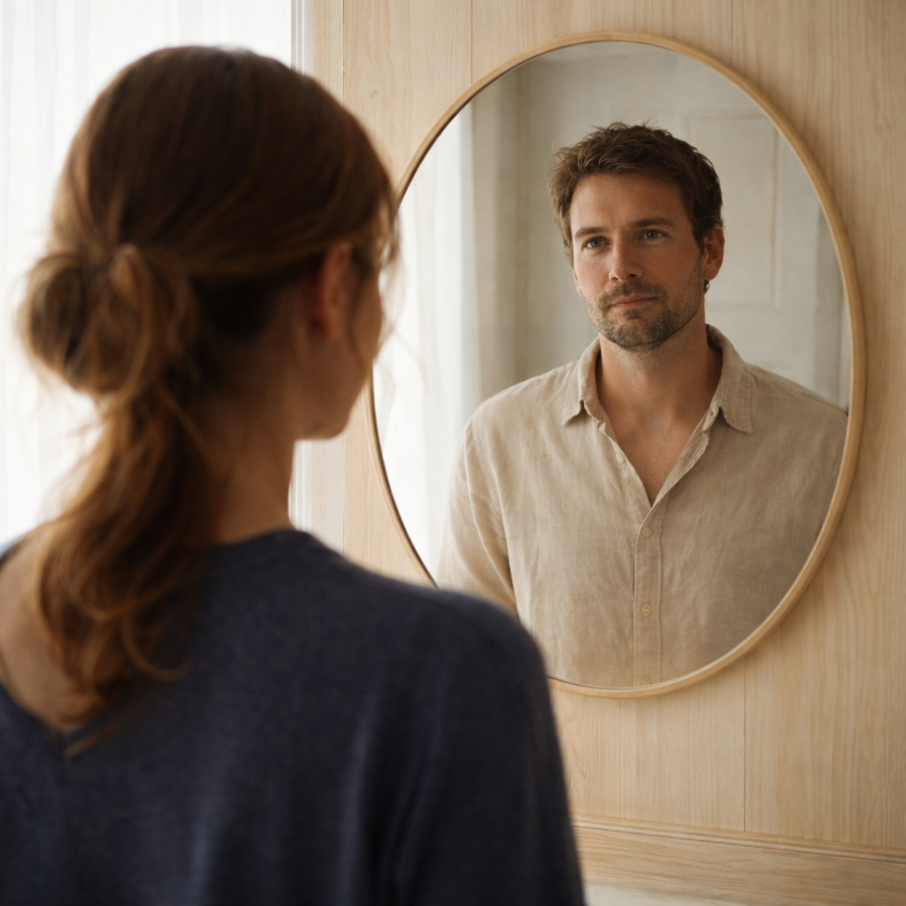 Femme observant le reflet d'un homme dans un miroir – guidance sur les liens d'âme et relations karmiques par Amandine