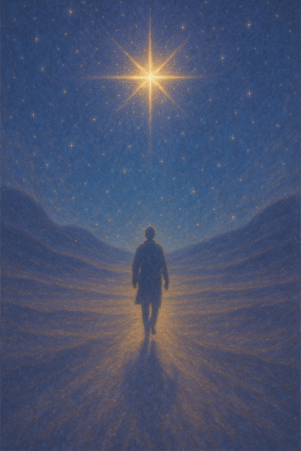 Illustration spirituelle : silhouette humaine marchant vers une étoile dorée brillante dans un ciel bleu étoilé – symbole de mission d'âme et alignement intérieur