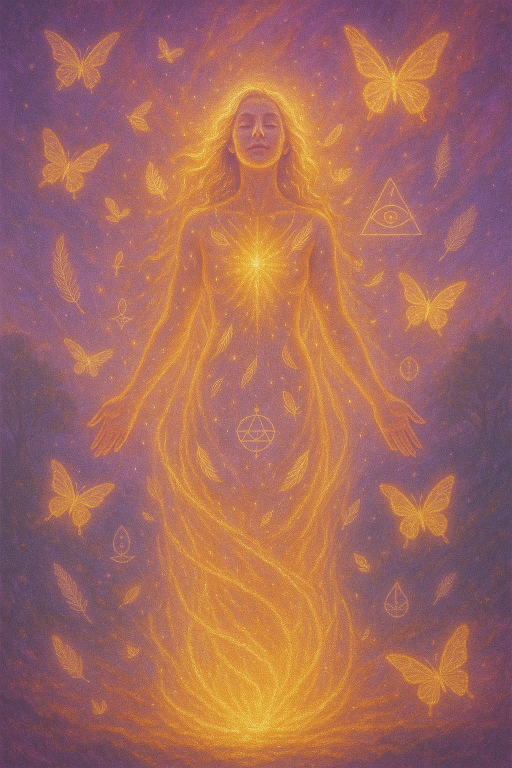 Illustration ésotérique : figure féminine lumineuse dorée entourée de papillons et symboles sacrés sur fond violet – éveil spirituel et reconnexion à son essence 