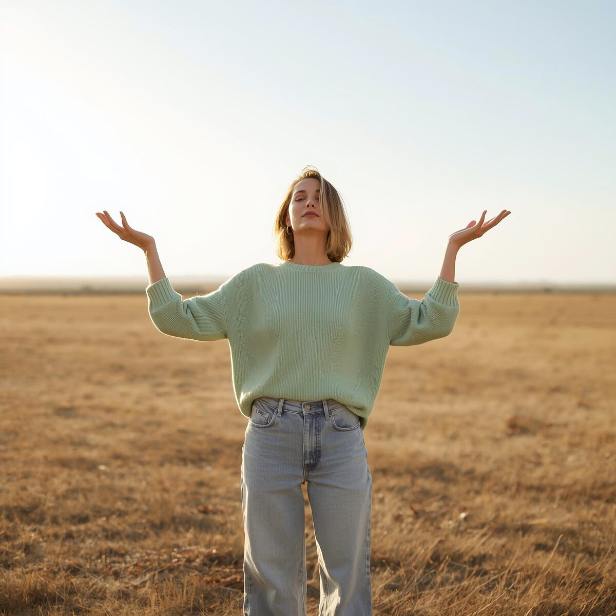Femme les bras ouverts et les yeux fermés au milieu d'un champ doré sous un ciel clair, symbole de libération des blocages et des liens du passé