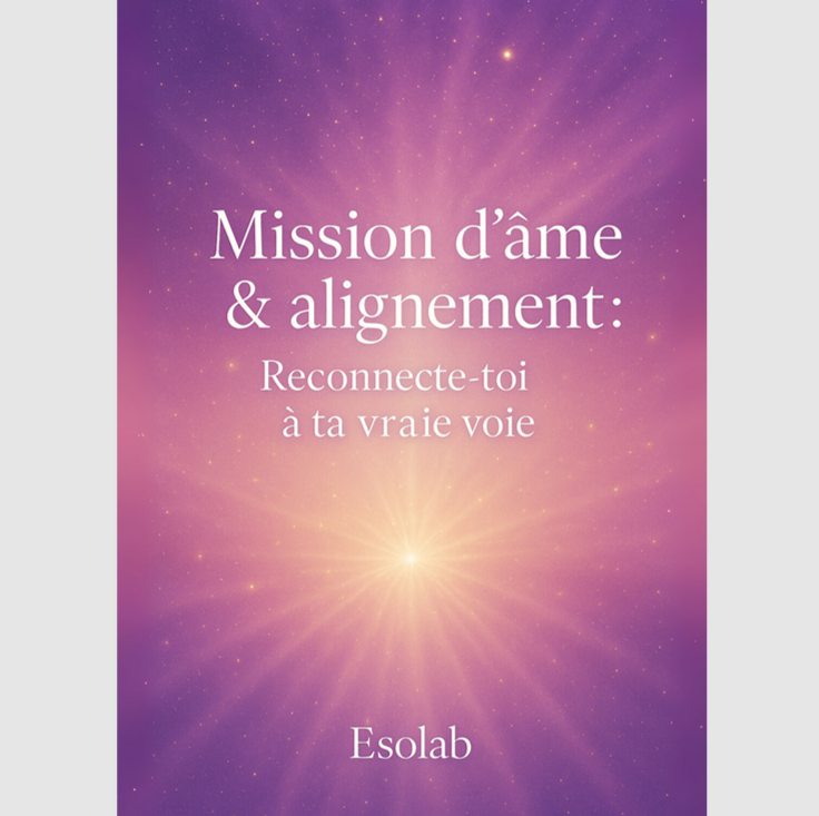 Couverture de l'e-book Mission d'âme et alignement : Reconnecte-toi à ta vraie voie, par Esolab – fond violet et rose avec lumière dorée rayonnante 