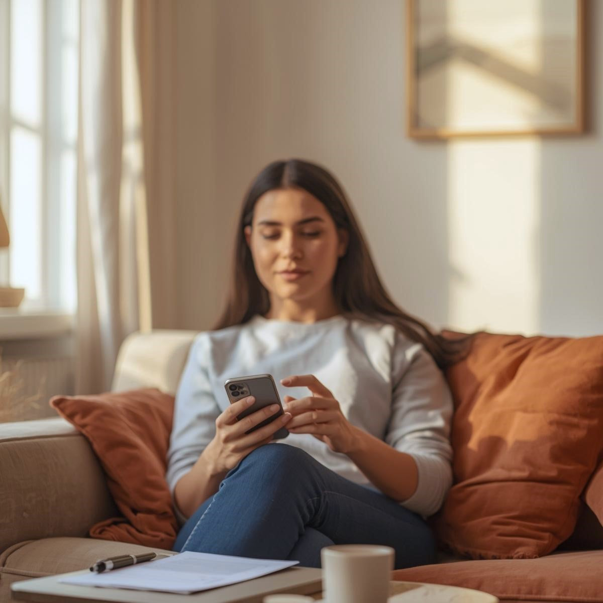 Femme installée sur un canapé consultant son téléphone – voyance immédiate par téléphone, tchat ou e-mail, disponible 7j/7  