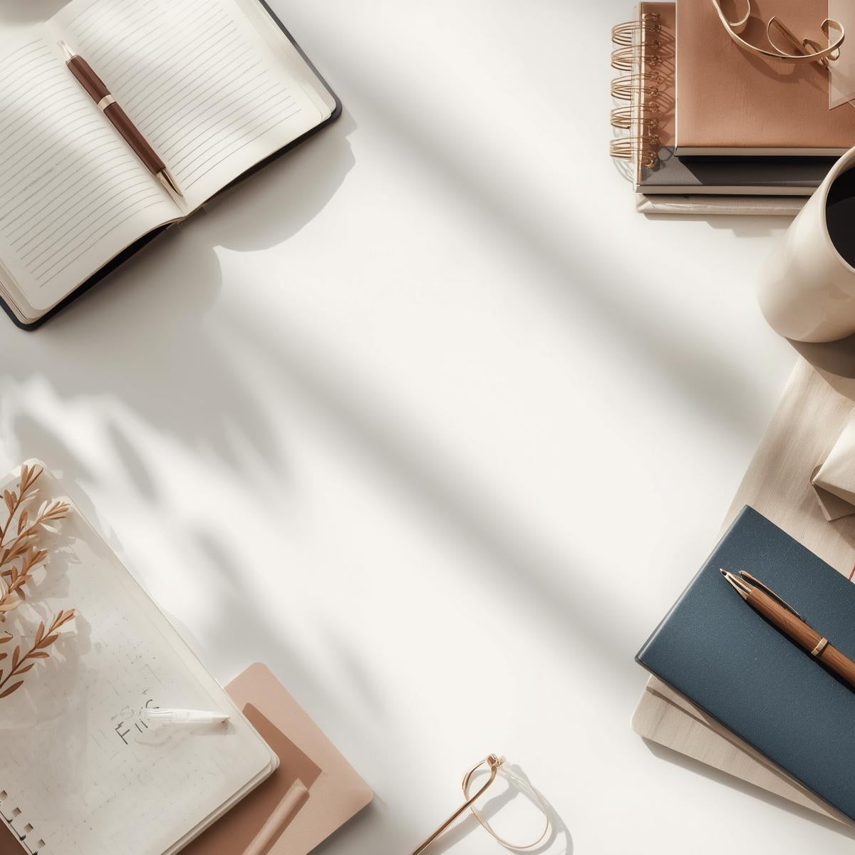 Bureau zen avec carnets et stylos dorés dans une lumière douce – consultations approfondies en soins énergétiques et accompagnement spirituel sur rendez-vous  
