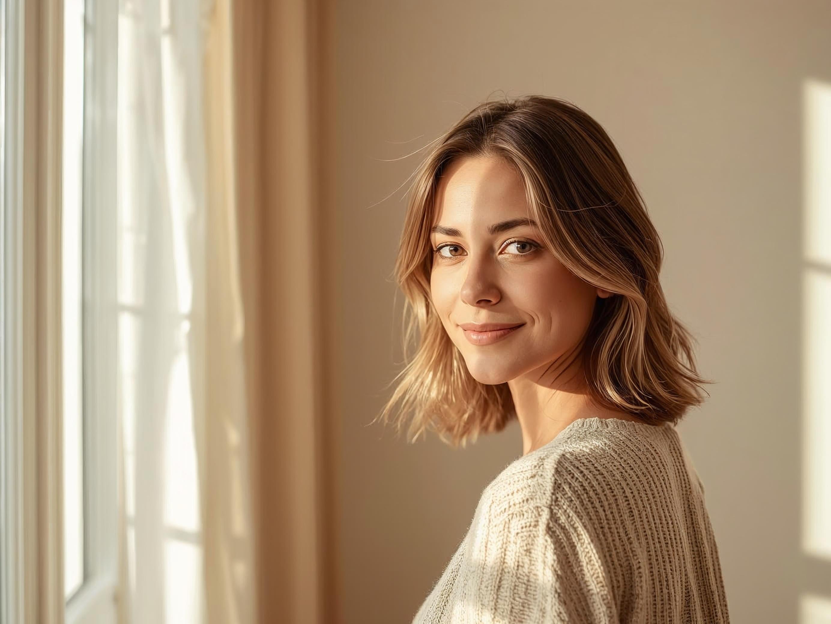 Femme souriante dans une lumière naturelle douce, illustrant l'approche bienveillante et chaleureuse d'EsoLab