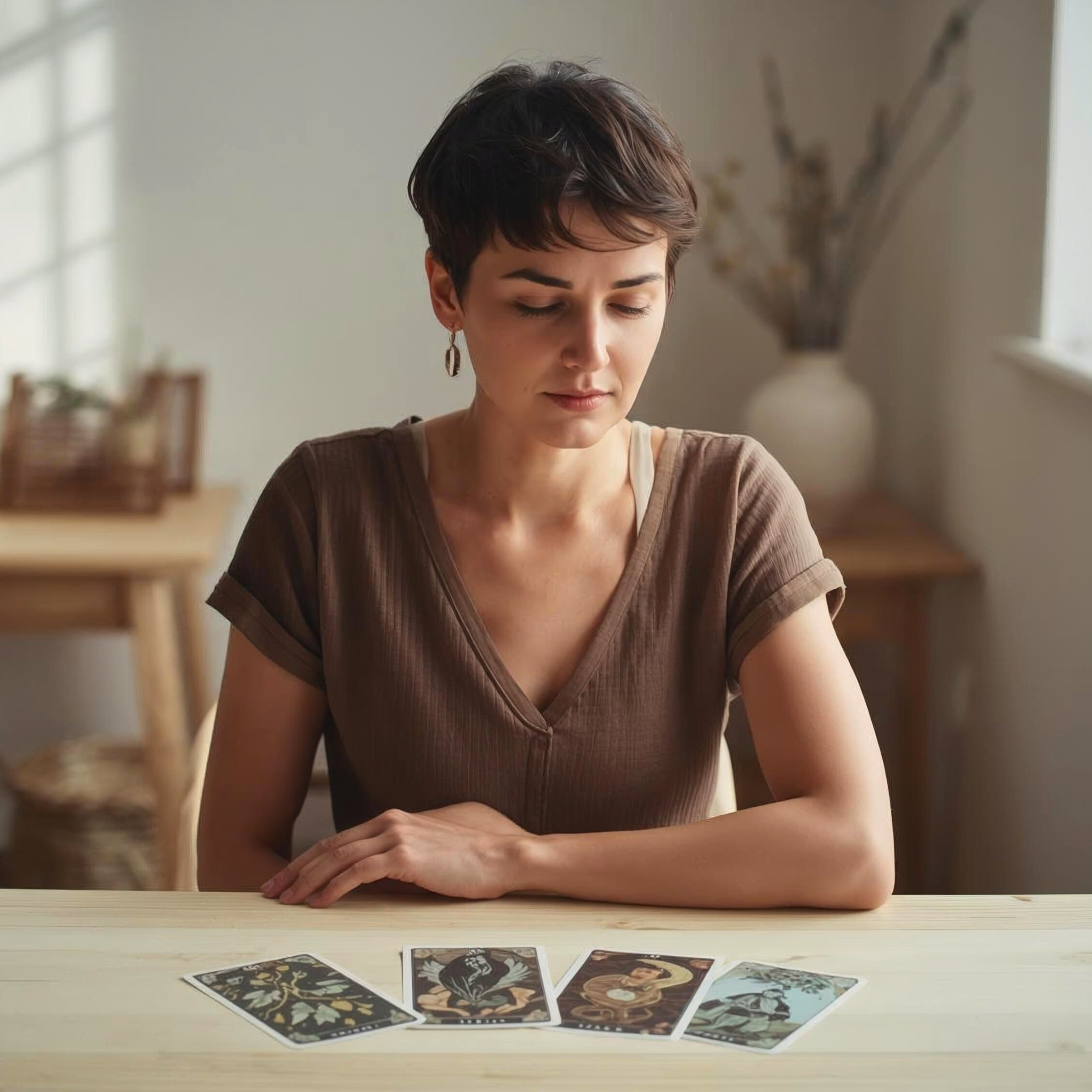 Femme contemplant quatre cartes de tarot étalées sur une table en bois lors d'une consultation de voyance en canalisation dans un espace calme et lumineux  