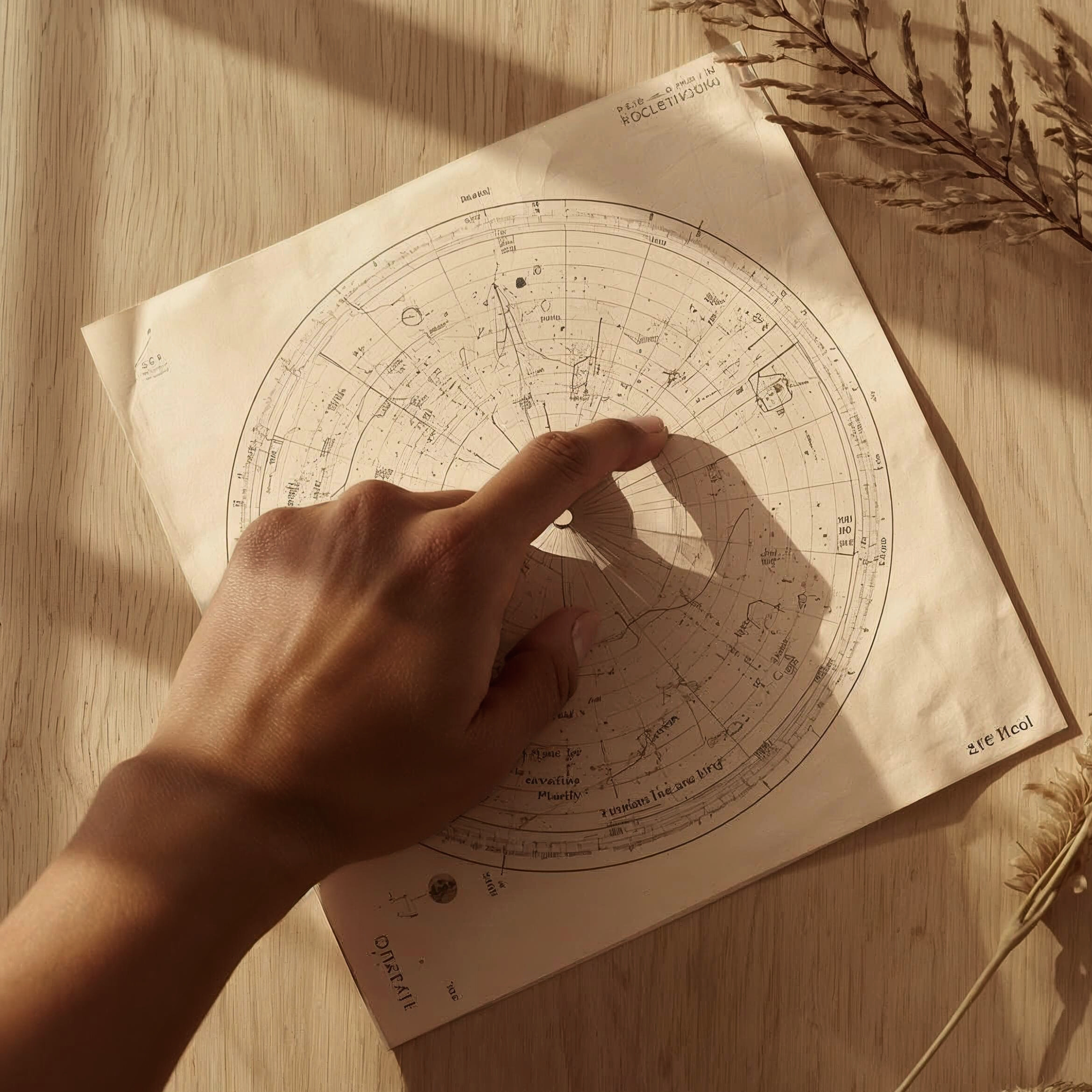 Main pointant une carte du ciel astrologique pour une analyse complète du thème natal