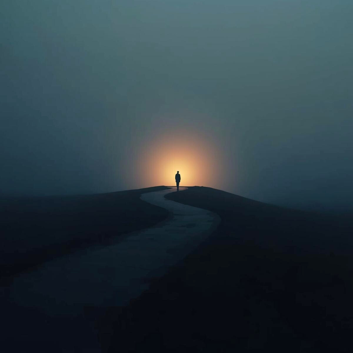 Silhouette solitaire marchant vers une lumière dorée dans la brume sur un chemin sinueux, évoquant la nuit noire de l'âme et la transformation intérieure