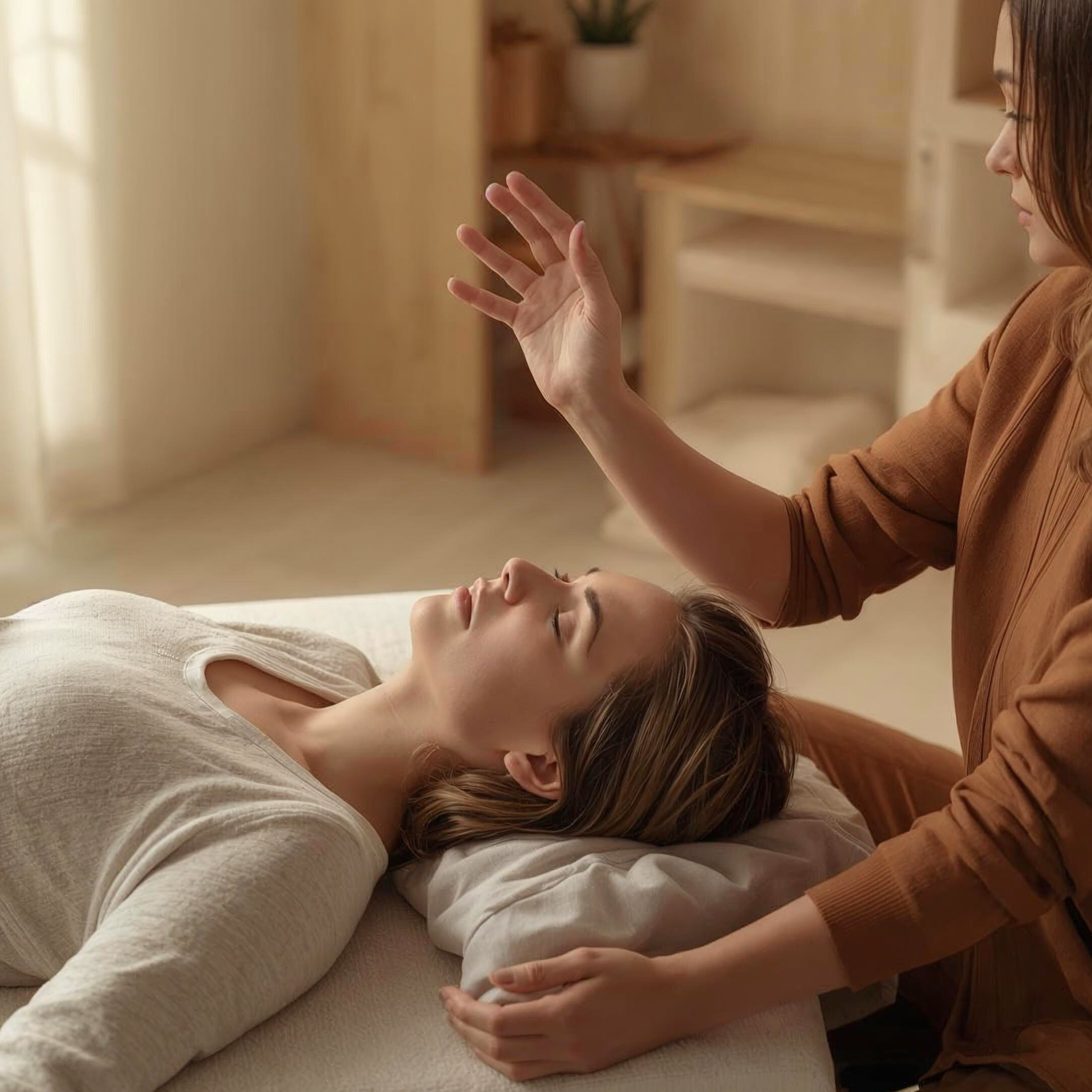Praticienne en magnétisme passant les mains au-dessus d'une cliente allongée et détendue, lors d'une séance énergétique de coupe-feu