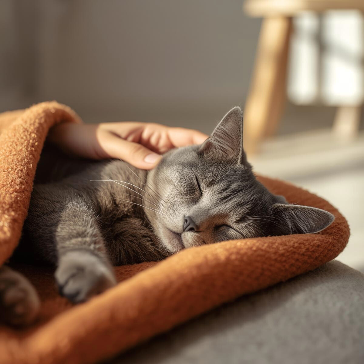 Chat gris endormi dans un panier terracotta caressé par une main – soin énergétique à distance pour animaux