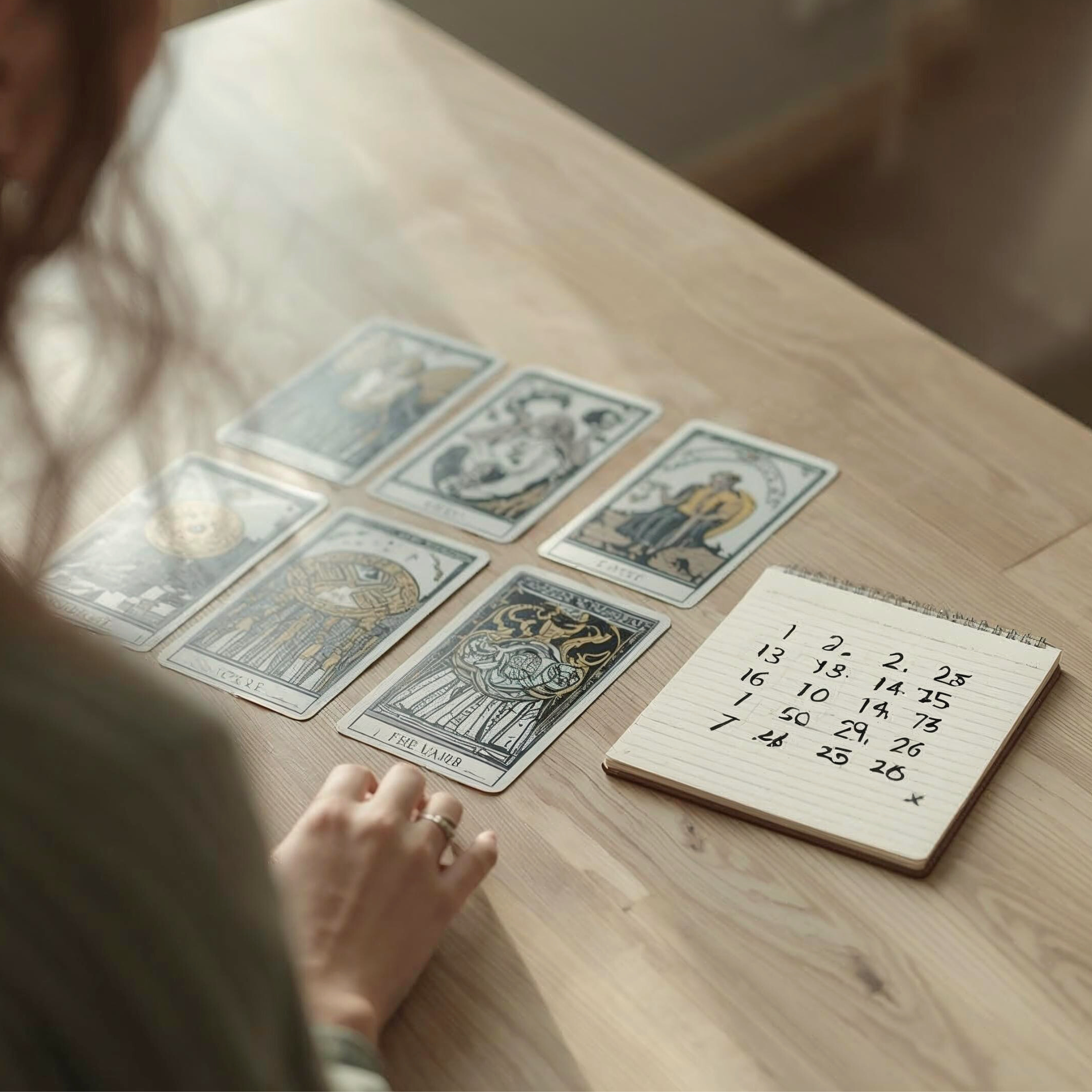 Praticienne réalisant un tirage de tarot et numérologie pour une consultation de voyance en ligne