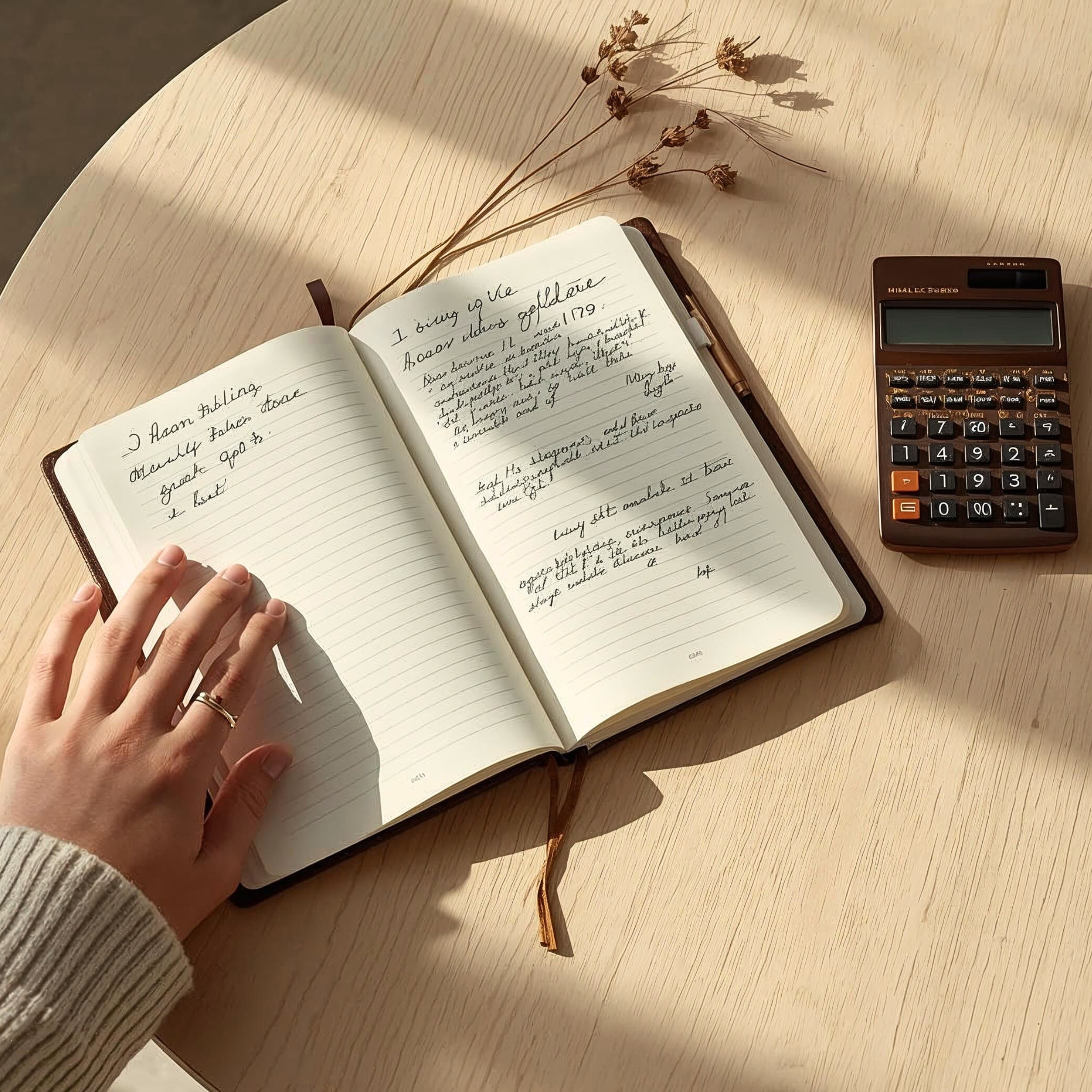 Main posée sur un carnet ouvert avec des notes manuscrites et une calculatrice, lors d'une consultation en numérologie personnalisée