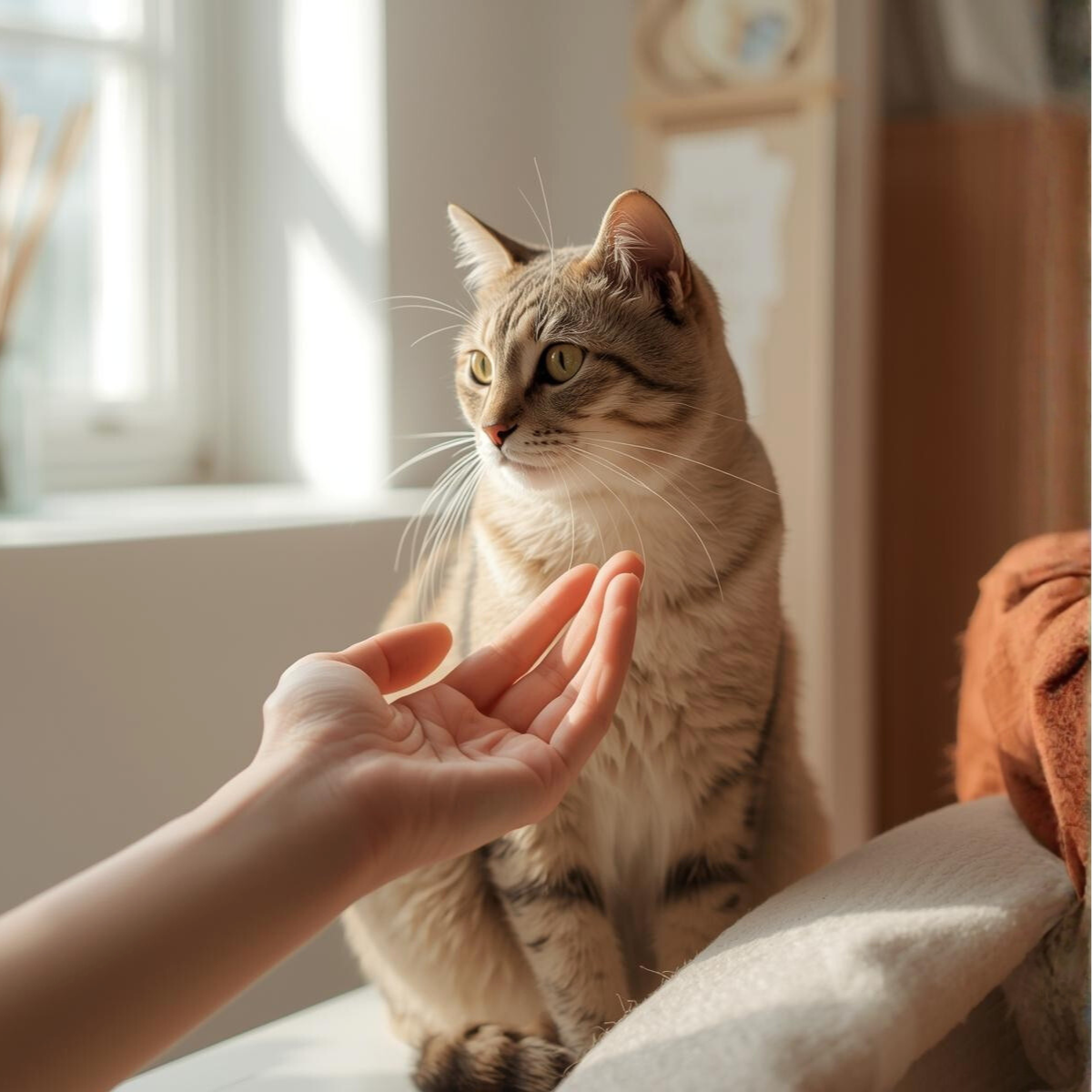 Main tendue vers un chat tabby assis dans la lumière – consultation de communication animale vivants et défunts par Alexandra M.