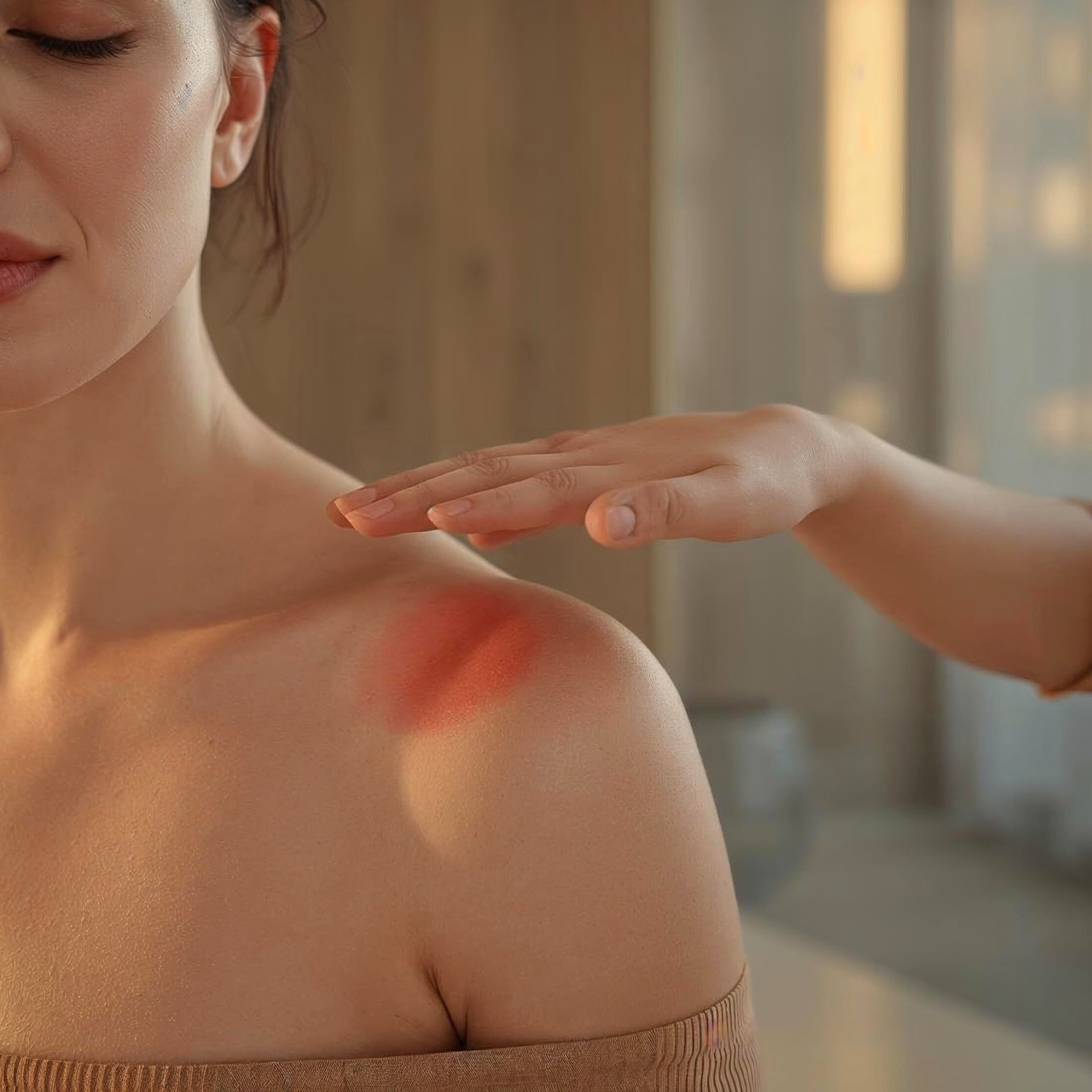 Gros plan sur une épaule avec une zone rougie évoquant une brûlure légère, une main s'approchant pour un soin énergétique de coupe-feu par magnétisme