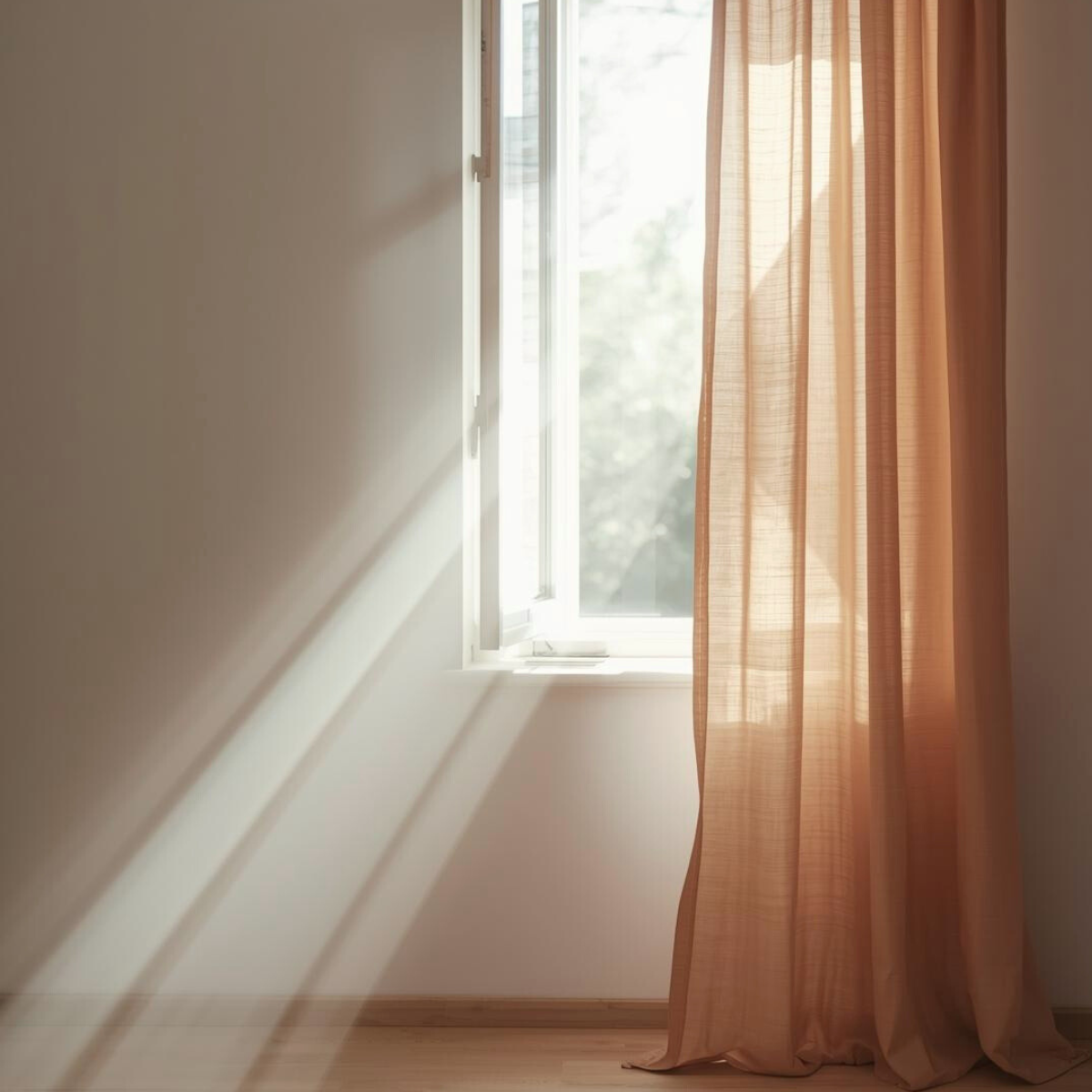 Fenêtre lumineuse avec rideau terracotta dans une pièce épurée – consultation passage d'âmes et libération des présences énergétiques