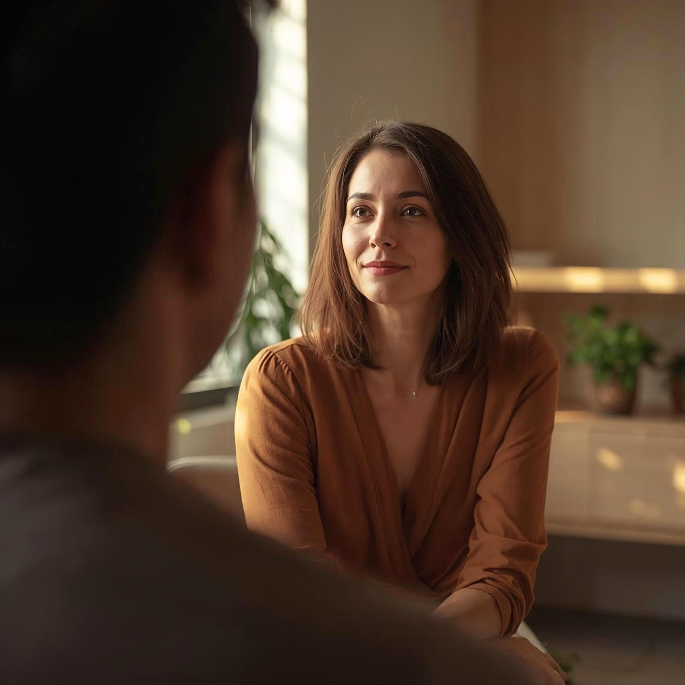 Femme bienveillante à l'écoute d'un client lors d'une séance d'accompagnement et de coaching de vie intuitif, dans un cadre chaleureux et apaisant